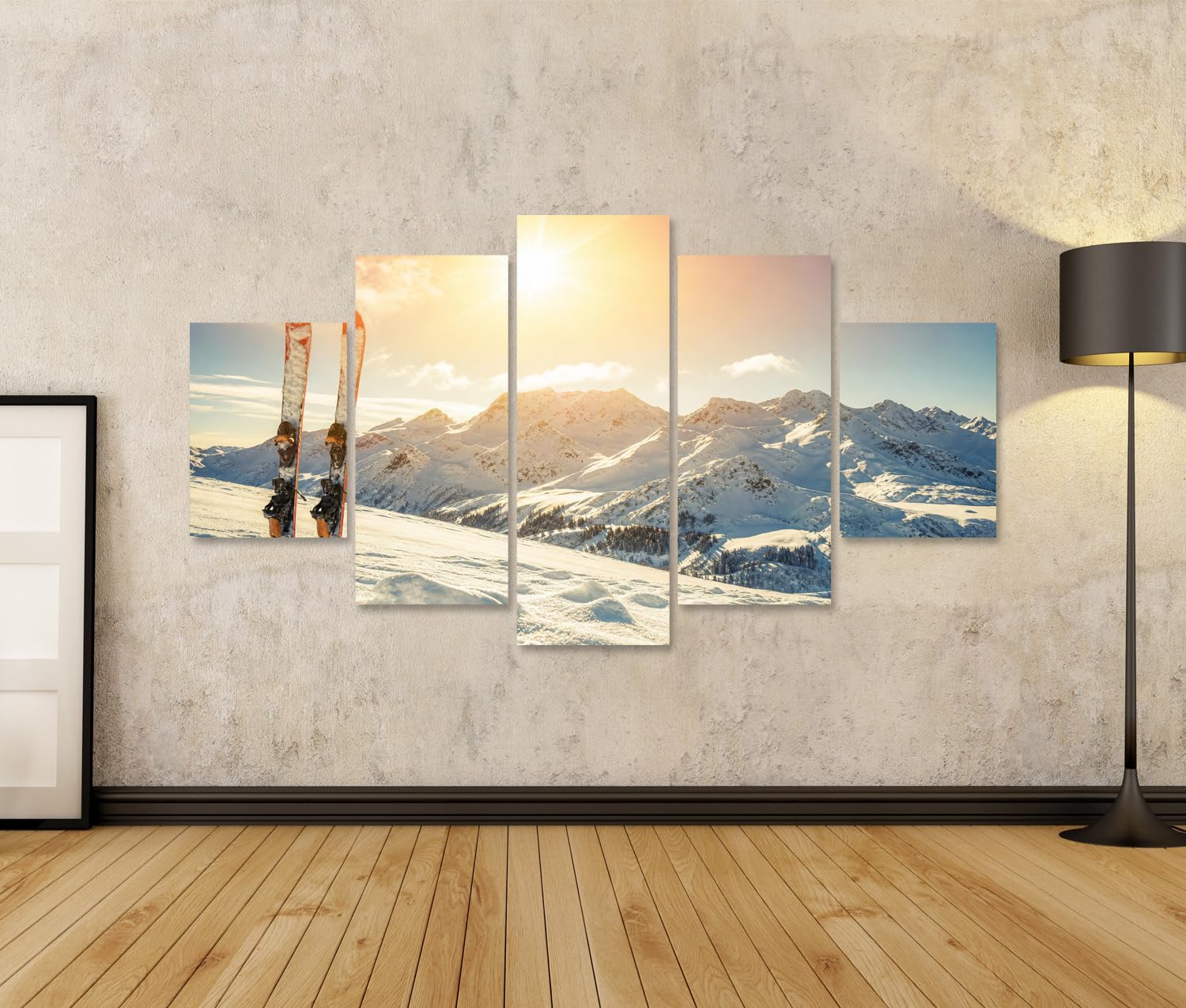 islandburner Bild auf Leinwand Majestätische Alpen Skier Wandbild Wohnzimmer Für Skifahrer und Naturliebhaber - 5-teilig