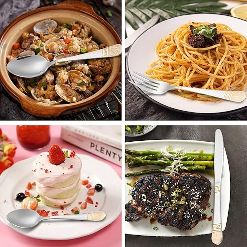 Miniatura 3 de Juego de cubiertos de 72 piezas para 18, juego de cubiertos de acero inoxidable, moderno juego de cubiertos con detalles dorados, cuchillo, tenedor,