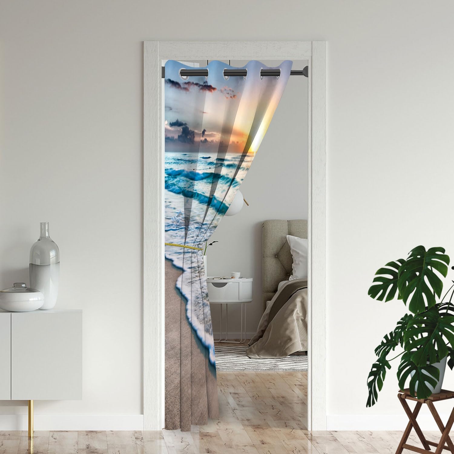 Beach Door Curtains for Doorways, Ocean Scenery Coastal Wave Seaside Coastal Sea Blackout Curtain for Kids Bedroom Closet, Grommet Thermal Insulated Privacy Door Drapes for Room Divider, 34