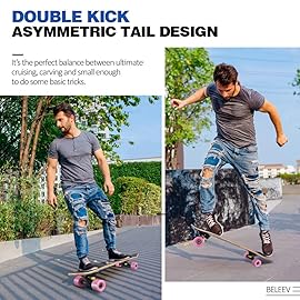 BELEEV Cruiser Skateboards for Beginners, 27 Inch Complete Skateboard for Kids Ages 3-12, Teens Adults, 7 Ply Canadian Maple Double Kick Deck Concave Trick Skateboard (Pink)