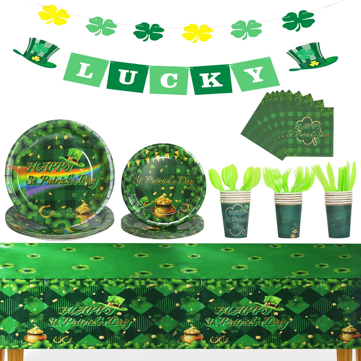 Disposable Dinnerware Set St Patrick's Day Party Supplies Green Shamrock Disposable Dessert Plates Tableware Set Serves 16