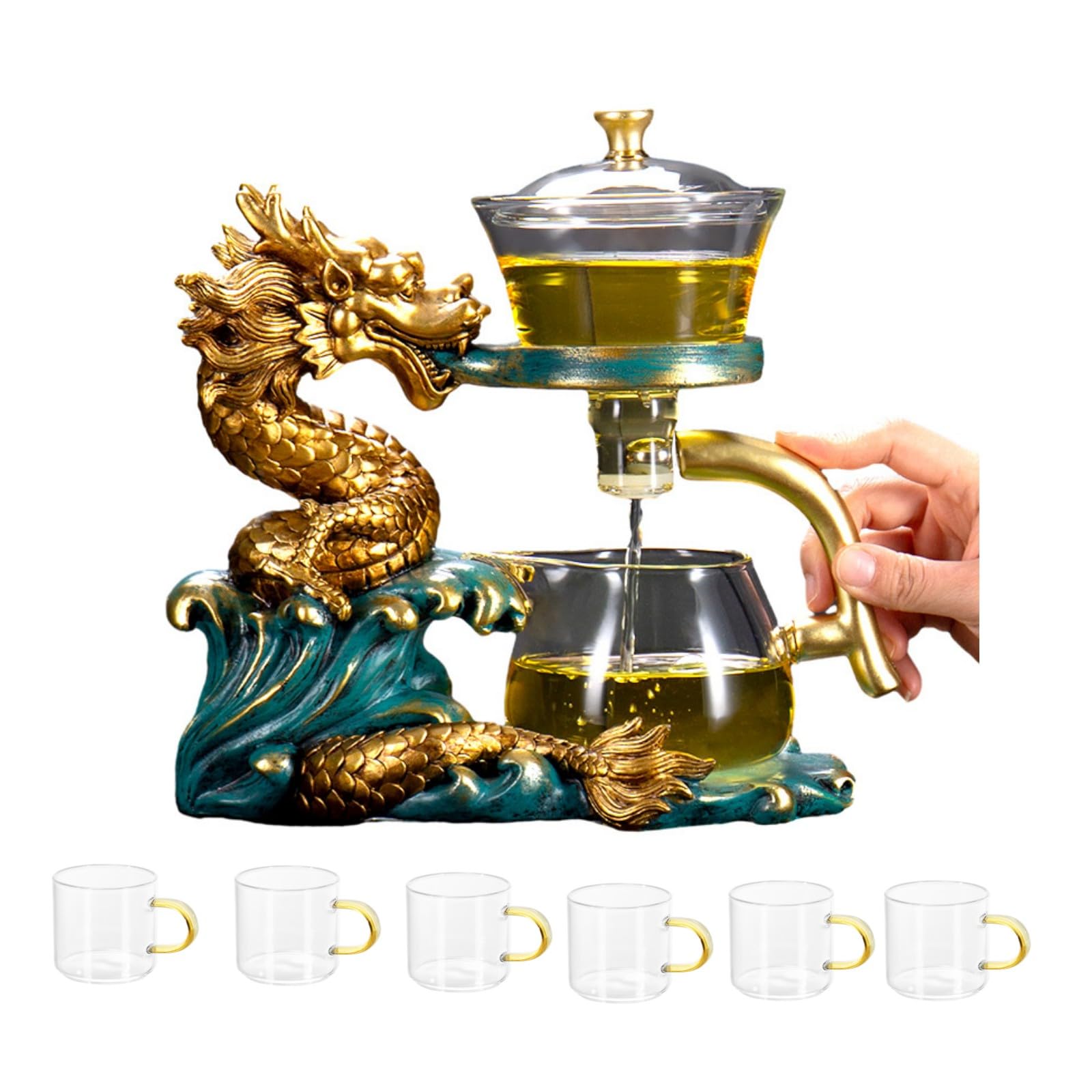 Glas-Teekannen-Set, Teebereiter mit Teesieb, halbautomatisch, tropfende Abdeckung, Schüssel, Lazy Tea Set (Drache, Teekannenset)