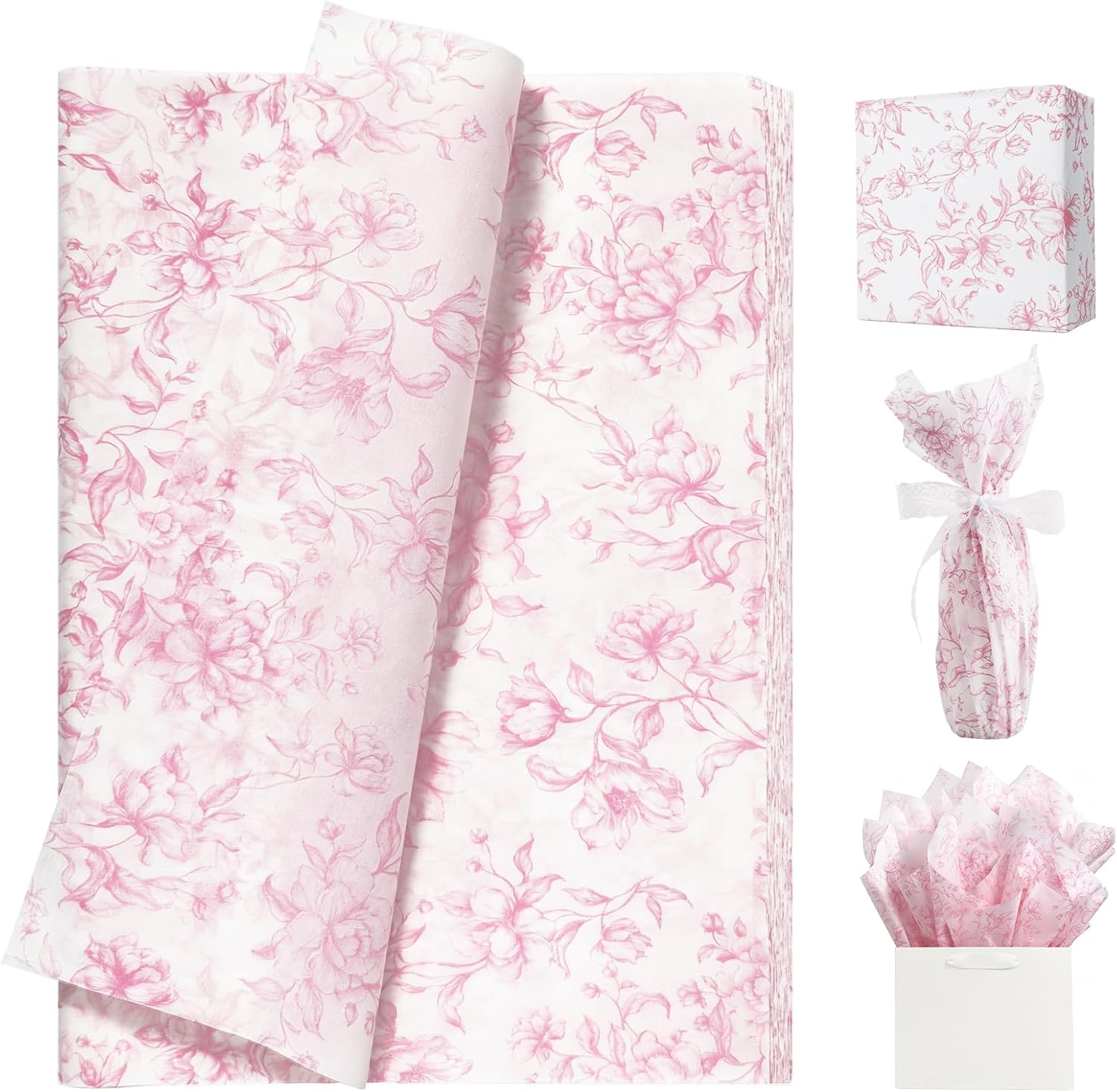 UNIQOOO 120 Sheets Dusty Pink Floral Tissue Paper, Dusty Rose Pink Bloom Gift Wrapping Paper for Wedding, DIY Craft Tissue for Birthday Party Decoration Packaging, 20 x 14 Inch