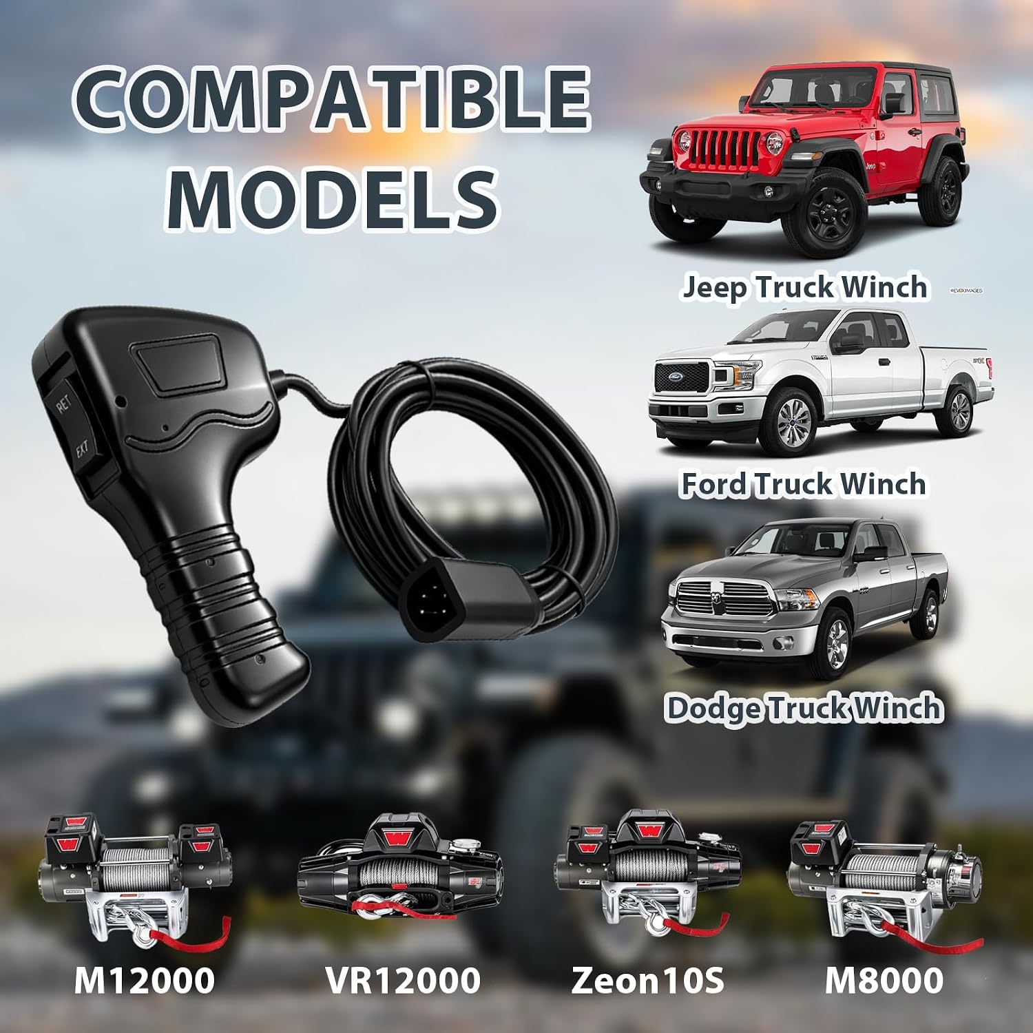 83665 Plug-in Winch Remote Controller Handheld Control for M8000 M12000 VR12000 Zeon 10S, Compatible with Ford Dodge Ram Power Wagon, 12ft D-Shape Cable Plug-in Wired Winch Control