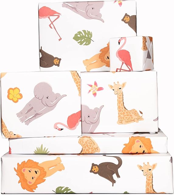 Central 23-6 Wrapping Paper Sheets - Jungle Animals - for Boys and Girls New Baby - 1st 2nd 3rd Birthday - Cute GiftWrap - Recyclable