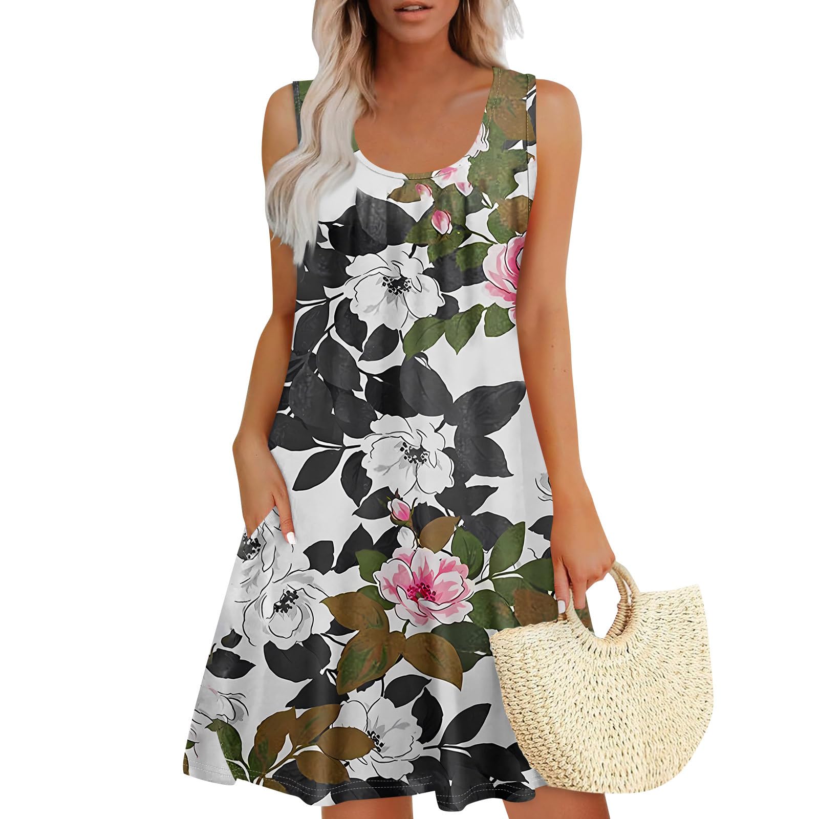 MKLUNJOP Sundresses for Women 2025 Womens Summer Dresses U Neck Printed Floral Dress 2025 Vacation Outfits