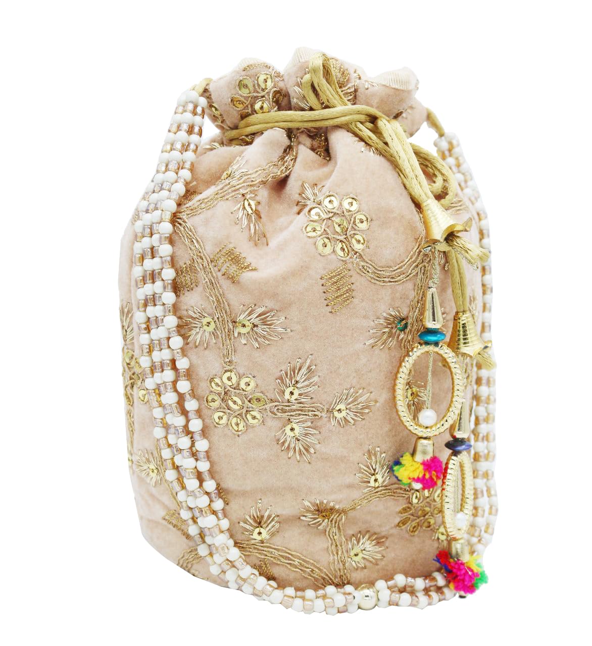 BYRA Velvet Zari Sequence Cylinder Shape Bridal Potli Bag with Pearl Handle (Beige) (B0CW66SG7S) Amazon Price History, Amazon Price Tracker