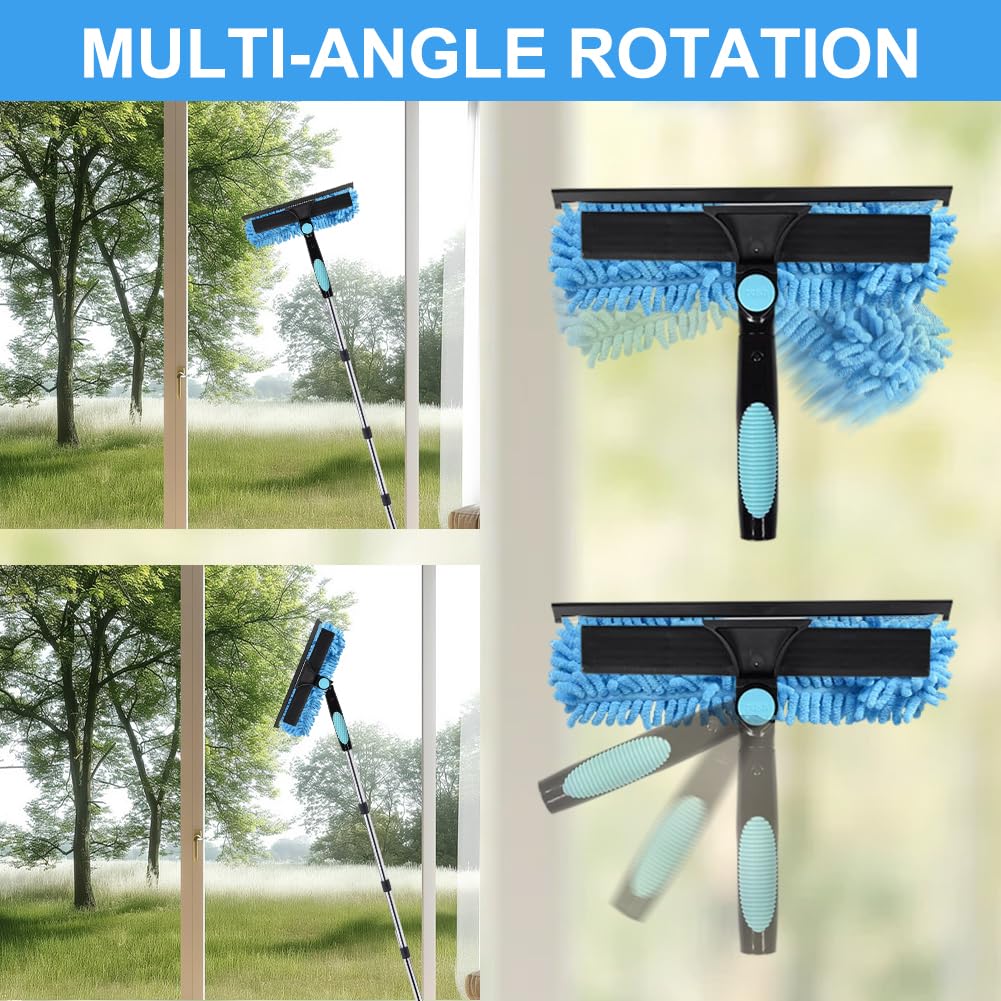 Pulitore telescopico per finestre, 3,7 m, 4,5 m, 2 in 1, set con estrattore in silicone e panno in microfibra, lavavetri con 10 aste telescopiche per finestre alte, auto (blu, 4,5 m)
