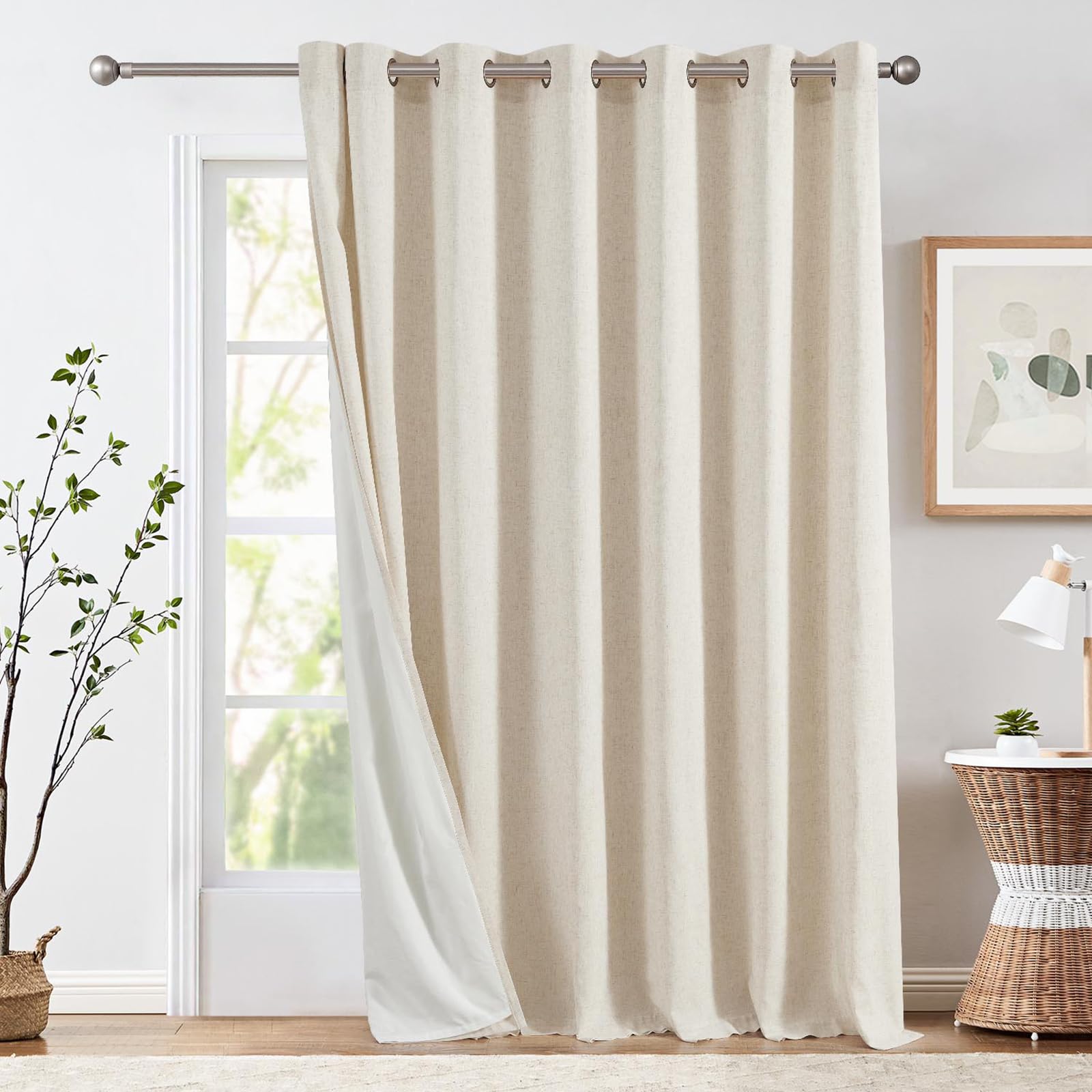 jinchan Linen Beige Curtain 100 Inch Extra Wide for Patio Sliding Glass Door Farmhouse Grommet Top Light Filtering Window Drape Lined Curtains for Living Room Divider 100x96 Crude 1 Panel
