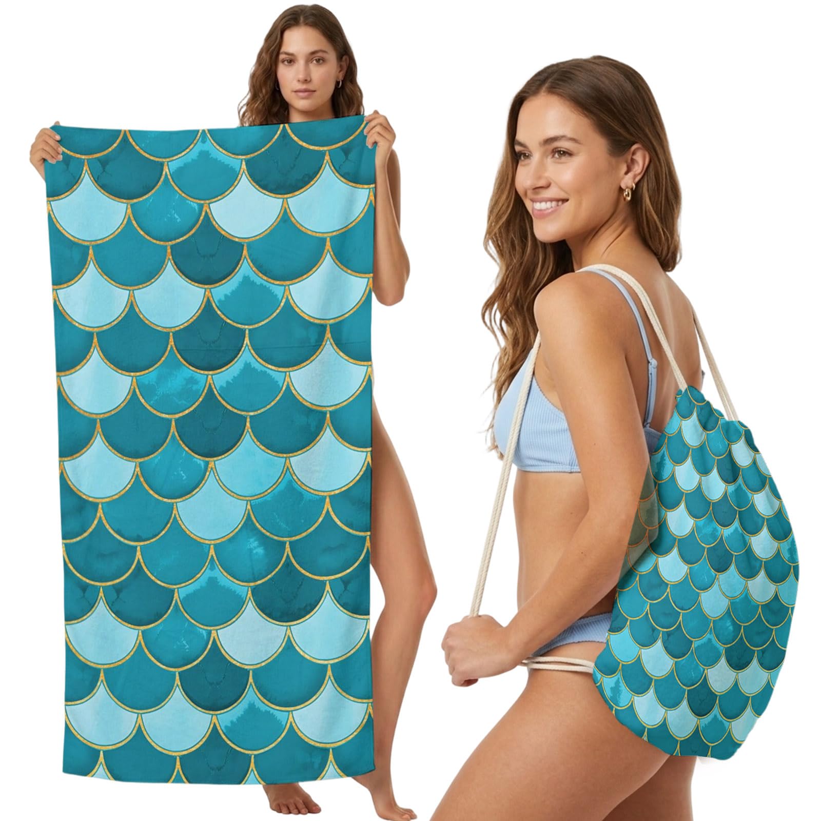 Beach Towel Bag 2 in 1 Turquoise Fish Scales Bath Pool Towels Backpack Ombre Fish Tail Absorbent Beach Towel Soft Quick Dry Lightweight Packable Towels Drawstring Bag for Travel Camping Sports Picnic