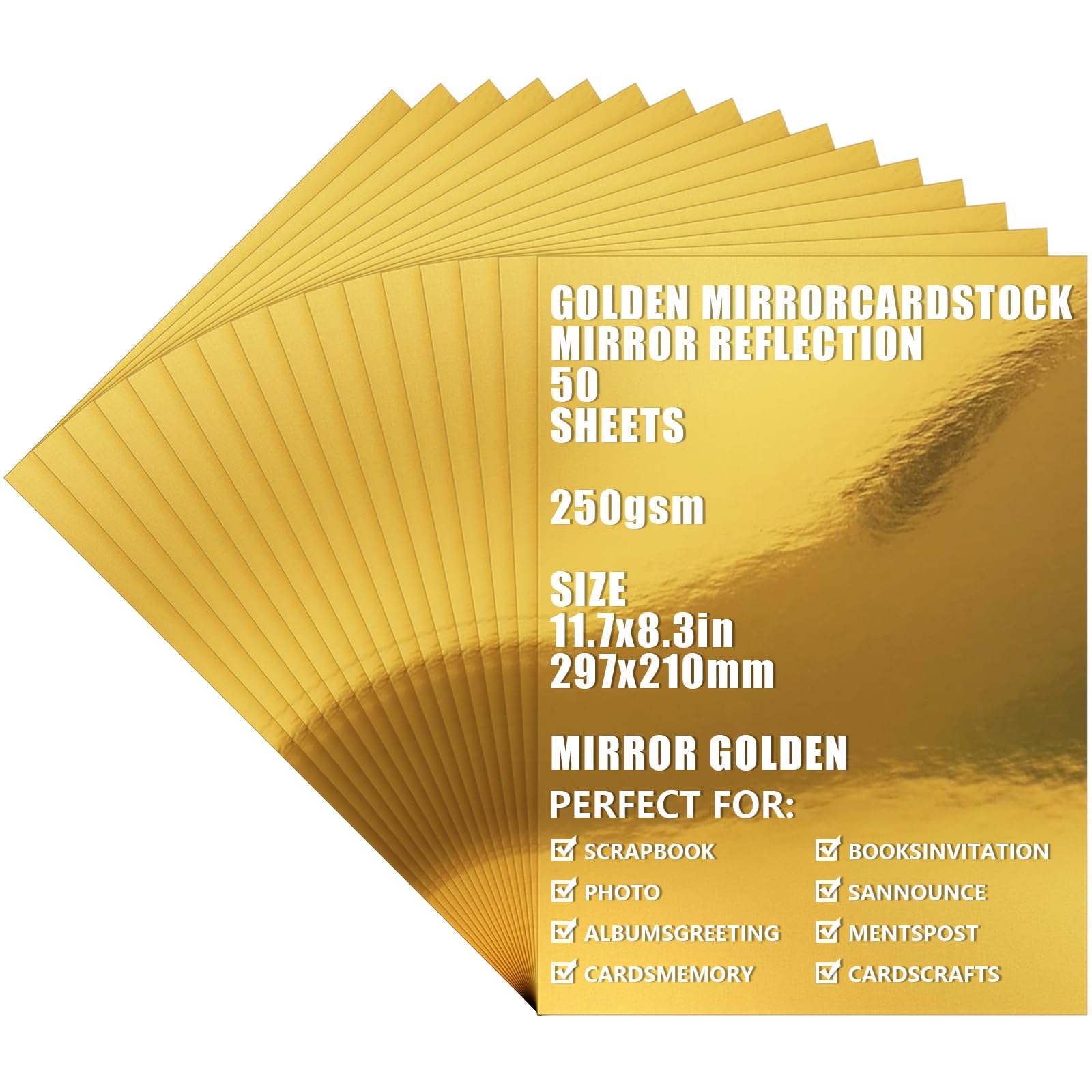 ASelected 50 Sheets A4 Gold Mirror Gold Card, Thick 250gsm/92Ib Metallic Card for Arts and Crafts, Mirror Foil Activity, Foil Cardstock for DIY Projects Wedding Birthday Party Decoration