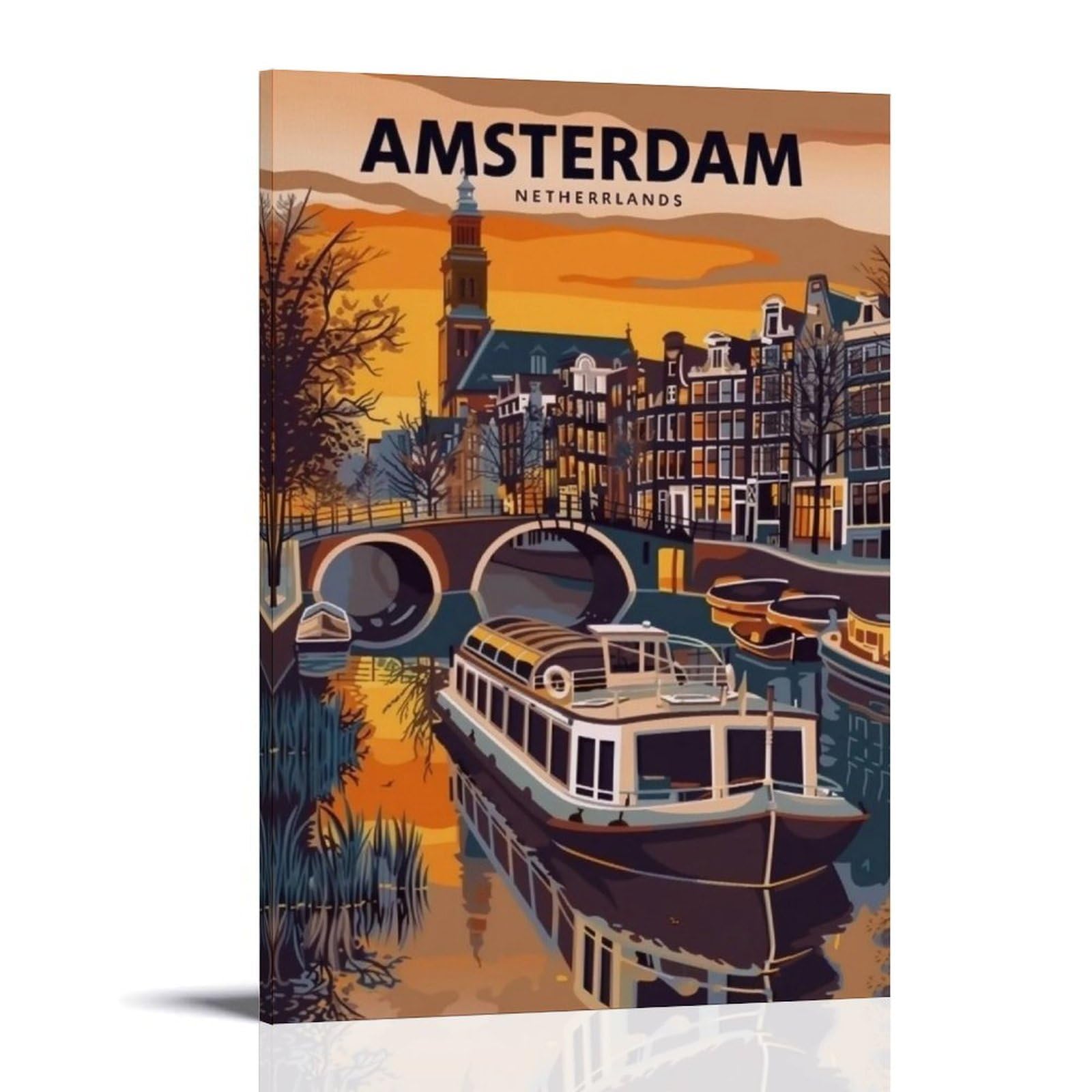 WHOUHJYE Amsterdam Canal Sunset 04 Poster Wall Art Canvas Vintage Aesthetic Painting Decor for Rooms 20x30inch Frame-style