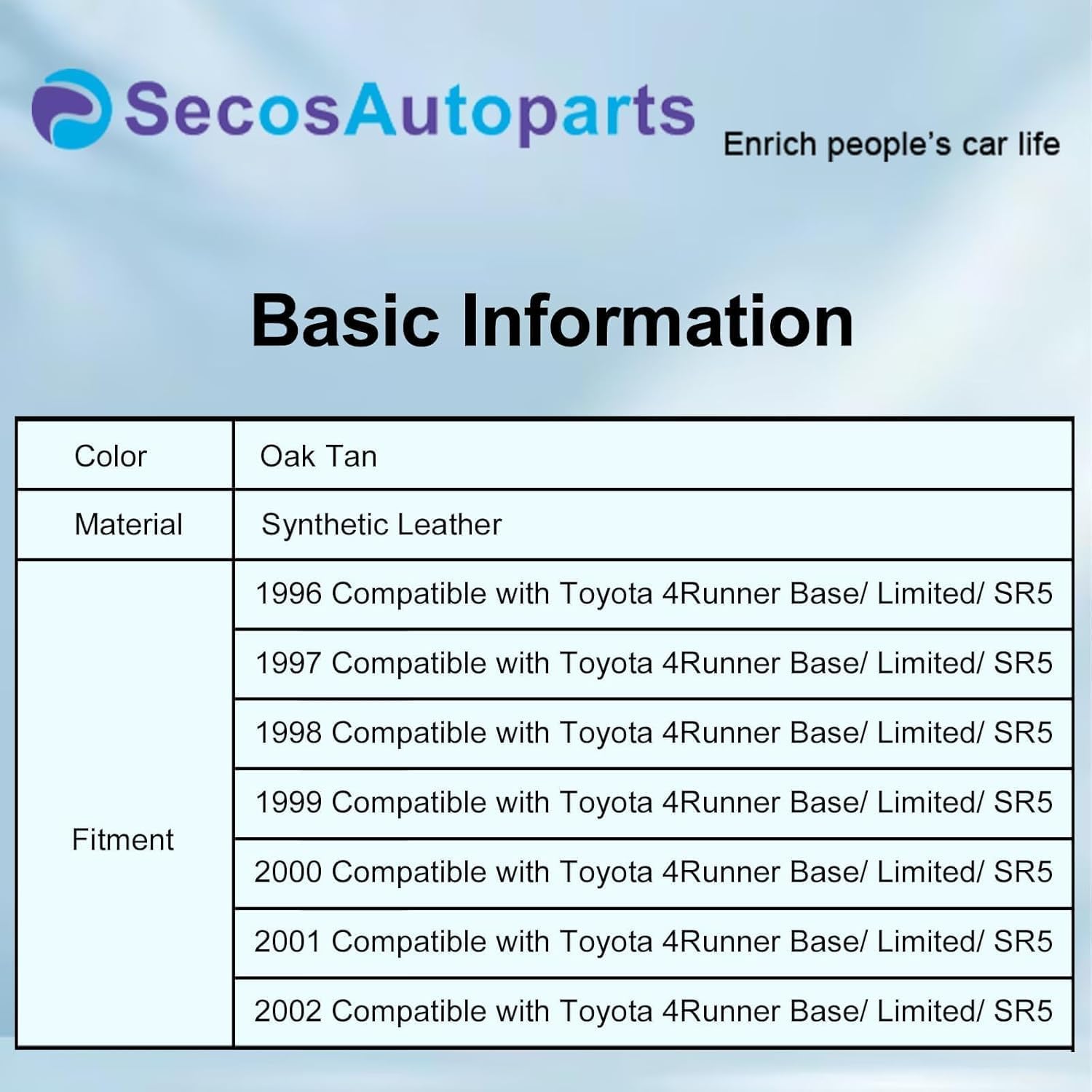 SecosAutoparts Oak Tan Front Driver or Passenger Side Bottom & Foam Cushion Leather Seat Cover Compatible with Toyota 4Runner 1996 1997 1998 2000 2001