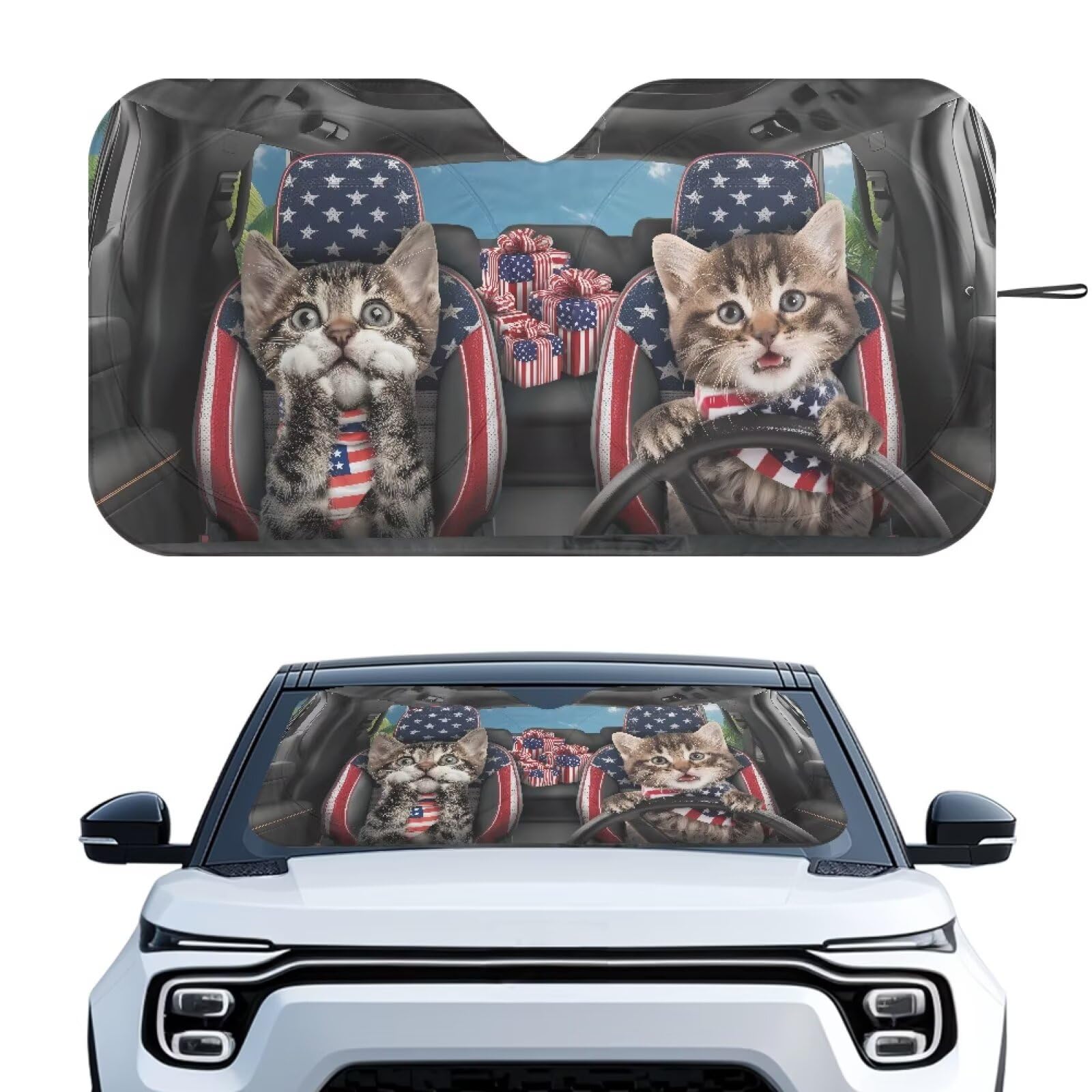 4th of July Cats Sun Shade for Car Windshield Foldable Front Windshield Shade for Sun Auto Vehicle Shield Reflector Blocking Screen Cover Fit Car Front Window for Trucks SUV Van