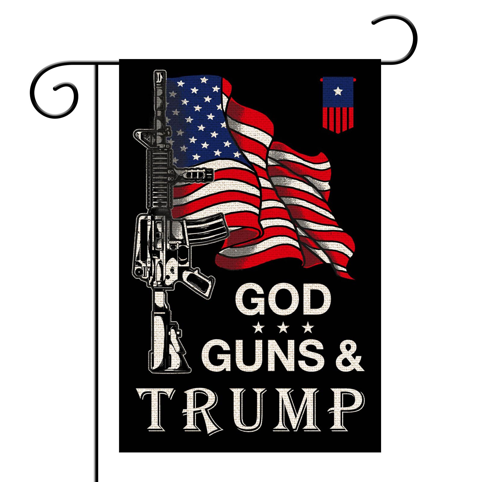 Helewilk God Guns Trump Garden Flag, Burlap Vertical Double Sided, Trump Yard Lawn Outdoor Decor, America President Election Patriotic Home Garden Flag, 12 x 18"