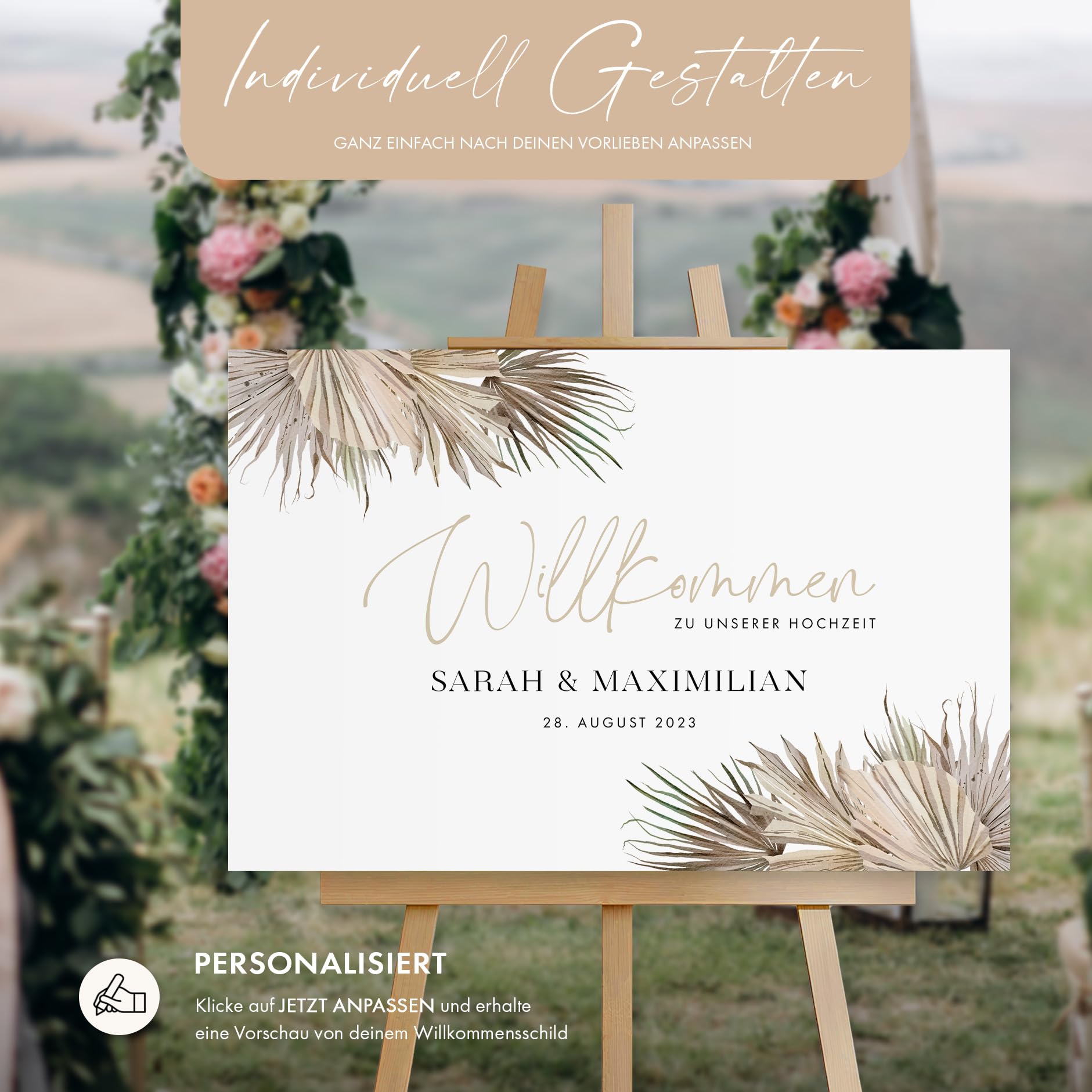 HEI Print Willkommensschild Hochzeit Beige mit Datum und Namen, personalisierte Hochzeitsdeko, Boho Willkommen Schild, Braun, 60x40 (Leinwand)