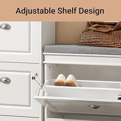 Miniatura 5 de SoBuy Banco pequeño de almacenamiento de zapatos, gabinete estrecho para zapatos para entrada, zapatero con cojín y cajón abatible de 2 niveles,