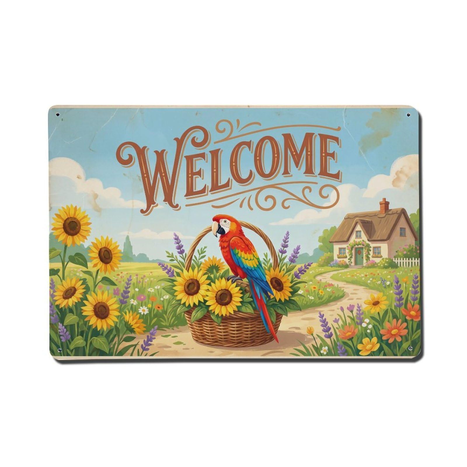 Vintage Welcome Parrot Harvest Time Metal Tin Sign