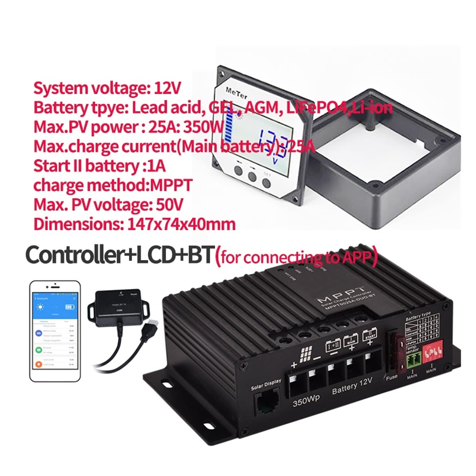 12V 25A Smart Solar Ładowanie kontrolera podwójna akumulator Mppt Regulator słoneczny z Buletooth dla RV Kontroler regulatorów Wysoka wydajność(12V 25A lcd BT)