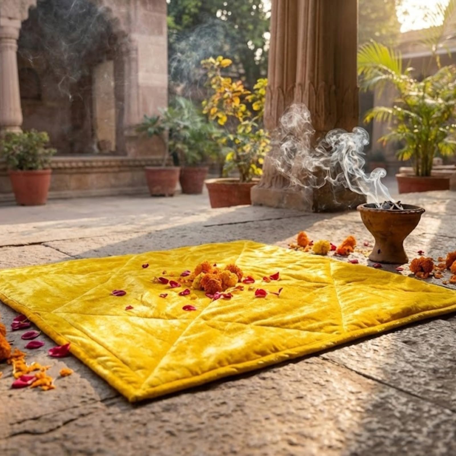 RUDRADHAM Pure Pooja Aasan Mat Puja Asan for Sitting Pooja Prayer Mat Velvet/Puja Mat/Meditation/Multipurpose Rug/Best in Quality (20X20) Handstitched RED/Yellow/Orange Colour (Yellow, Medium)-image-8