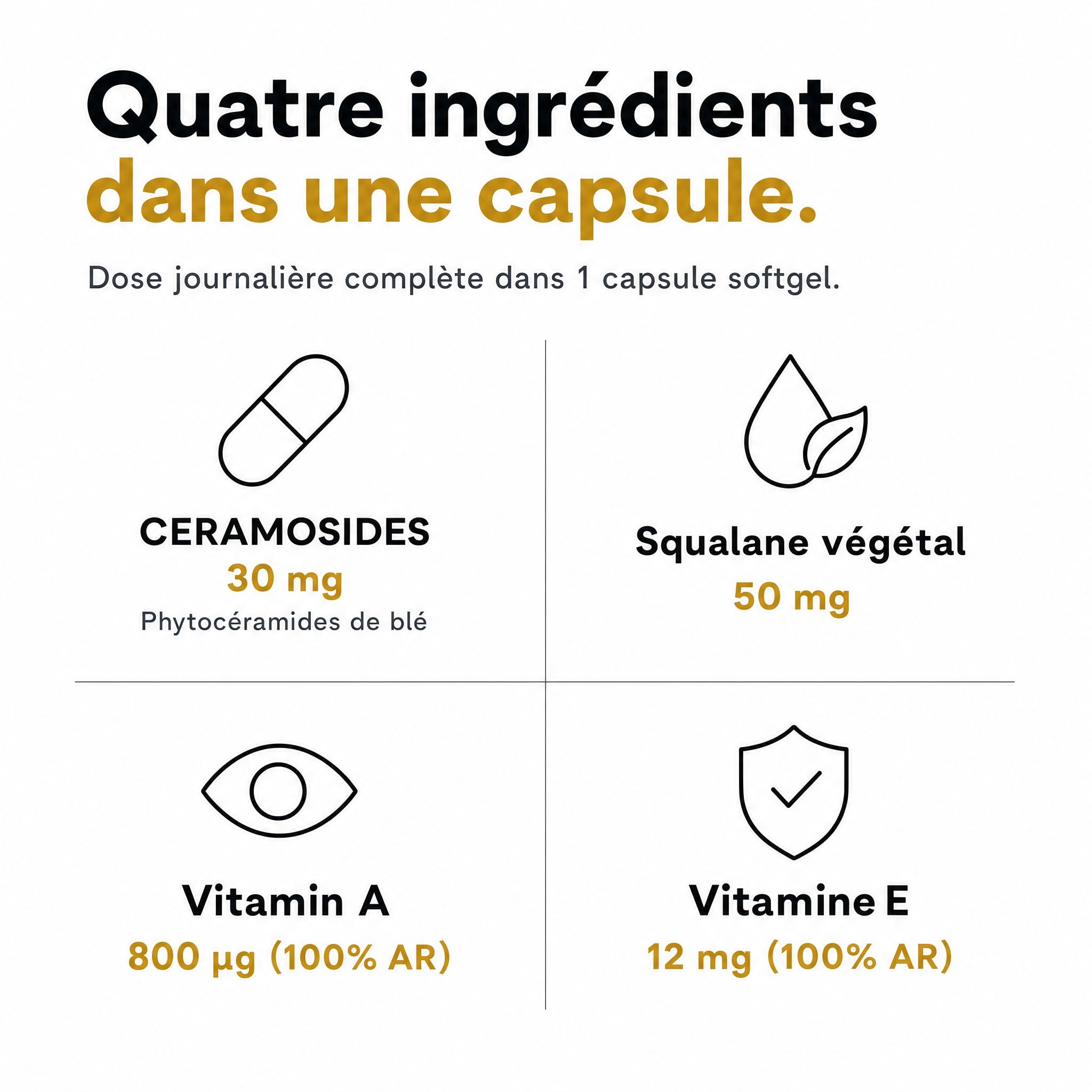 Phytoceramides – CERAMOSIDES 70 mg, Vitamine A et E, Squalane – La vitamine A contribue au maintien d'une peau normale – Peau sèche, ménopause (60 capsules molles)