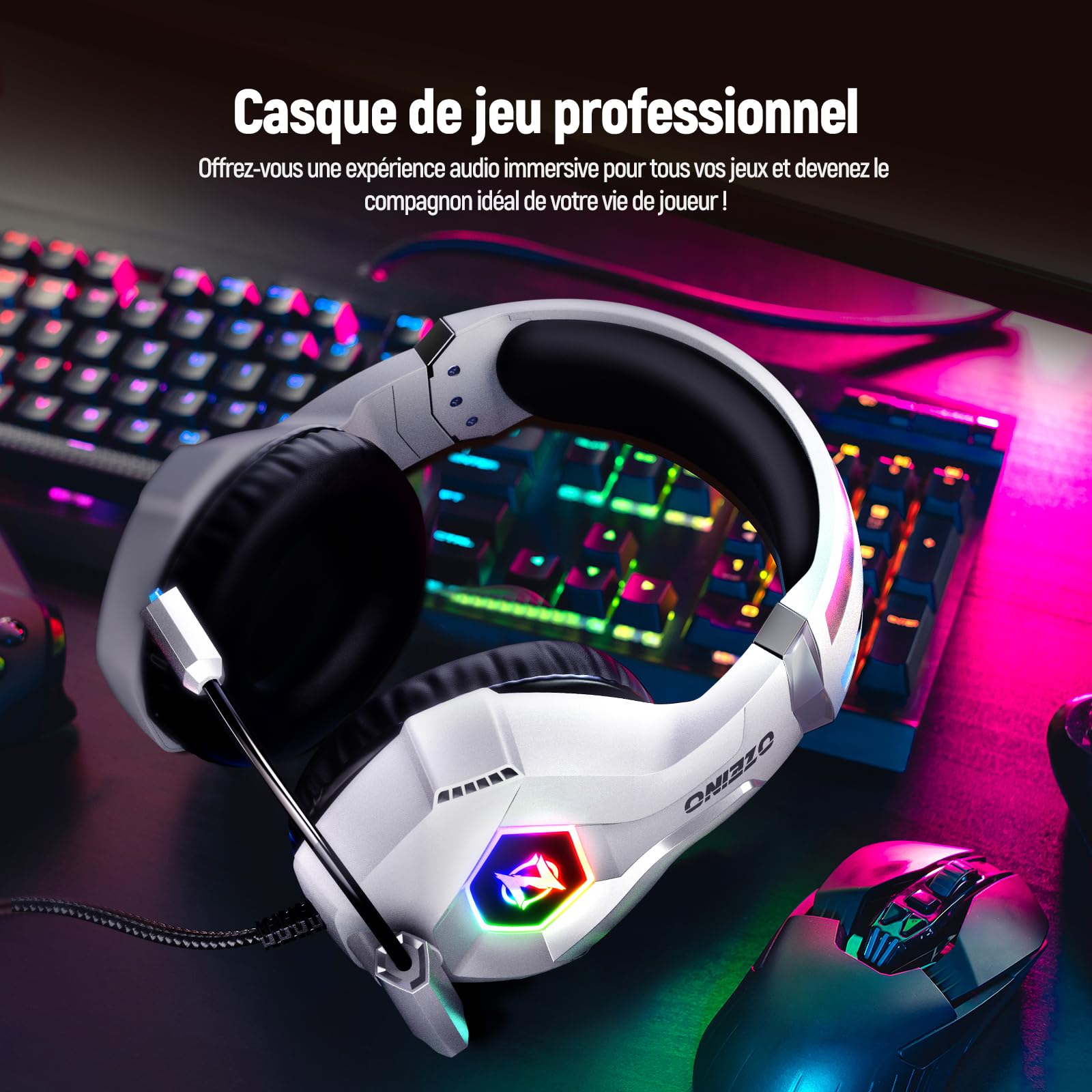 Ozeino Casque Gaming pour Ps5 PC Ps4, Casque Gamer pour Micro RGB 7 Couleurs Transducteurs 50mm Stéréo Basse Micro Anti-Bruit Réglable Compatible avec Switch Xbox Series X & S-Blanc