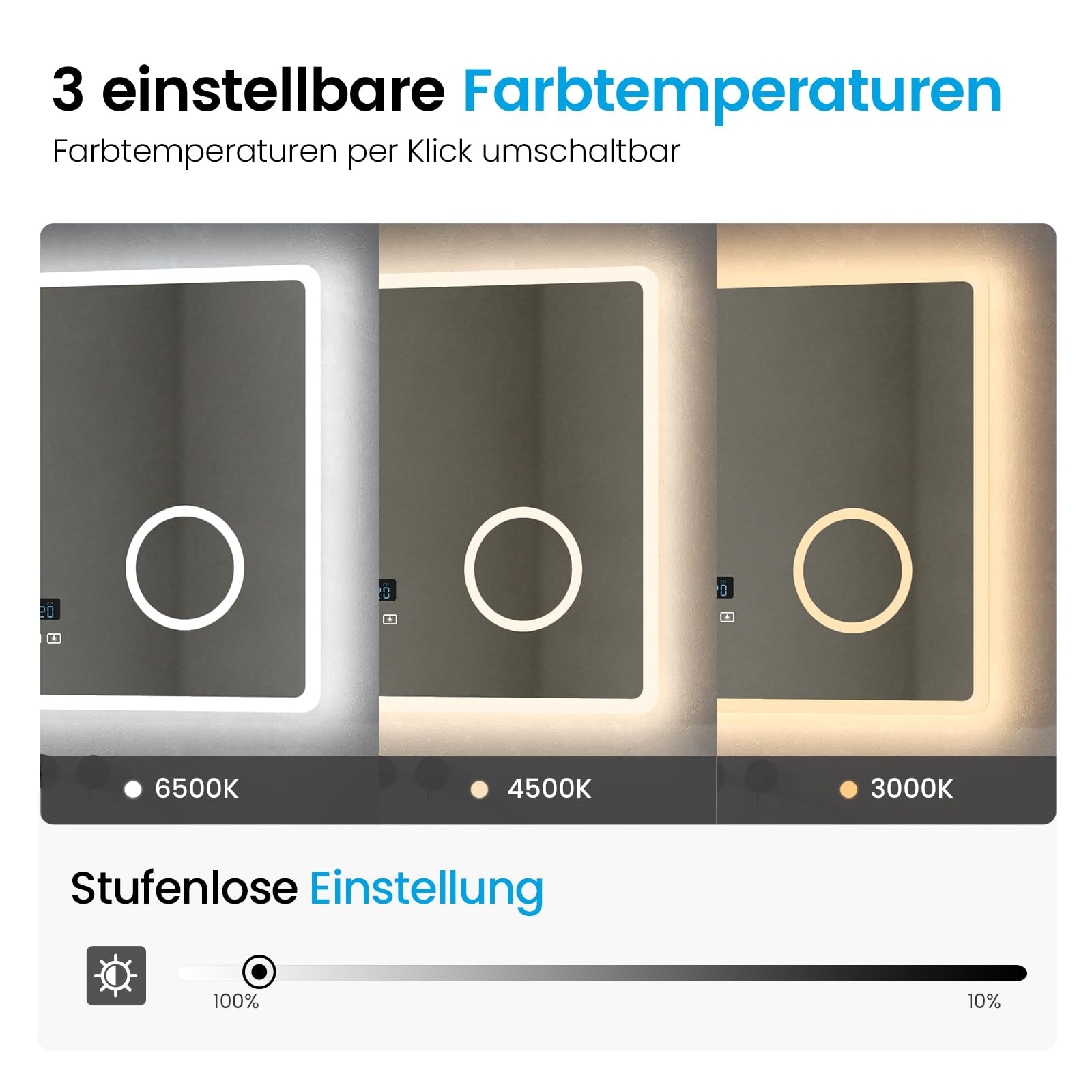Heilmetz Bluetooth Badspiegel mit Beleuchtung 80x60cm, LED Badezimmerspiegel mit Licht, Uhr, 3 Lichtfarben Dimmbar, Antibeschlag, 3X Vergrößerung, Wandspiegel mit Beleuchtung, Energiesparend