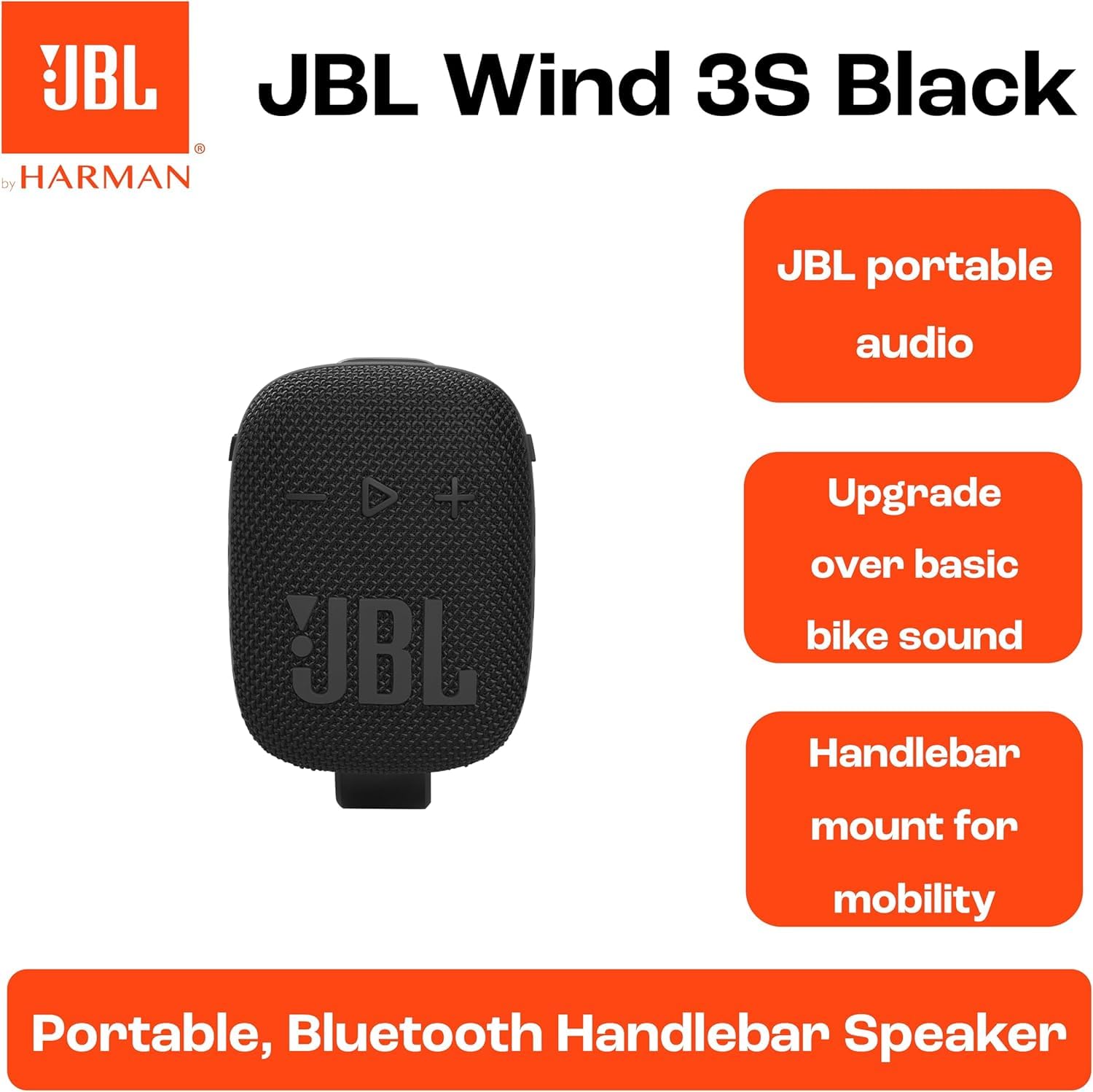 JBL Wind 3S Black altoparlante Bluetooth portatile, 5 W RMS, 84 dB, 110 Hz–20 kHz, driver 1,75", IP67, batteria 1050 mAh, Bluetooth 5.0, USB-C, supporto manubrio, outdoor