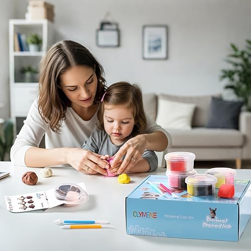 Miniatura 8 de CLYMENE Kit de arcilla seca al aire para niños, 12 animales de arcilla para modelar con herramientas y tutoriales, artes y manualidades, juguetes