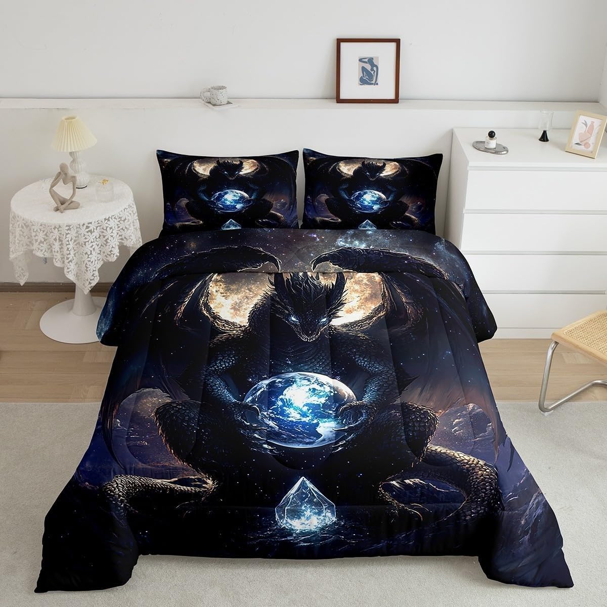 Couette 240x260 Chaude Dragon Noir Ciel Étoilé avec 2 Taies d'Oreiller