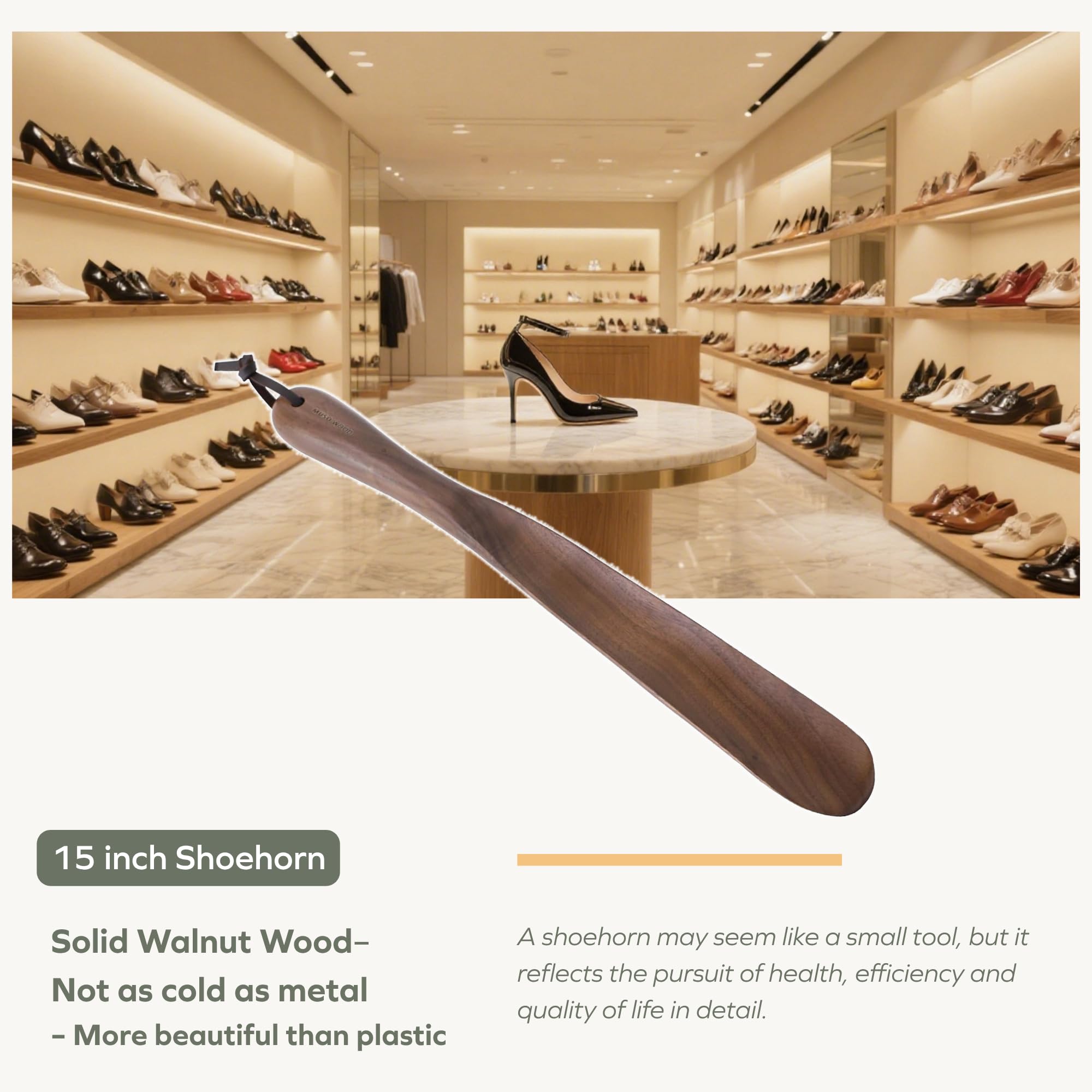 Muso Wood Chausse-pied en bois de noyer à long manche (38,1 cm) pour hommes, femmes, enfants, personnes âgées, grossesse