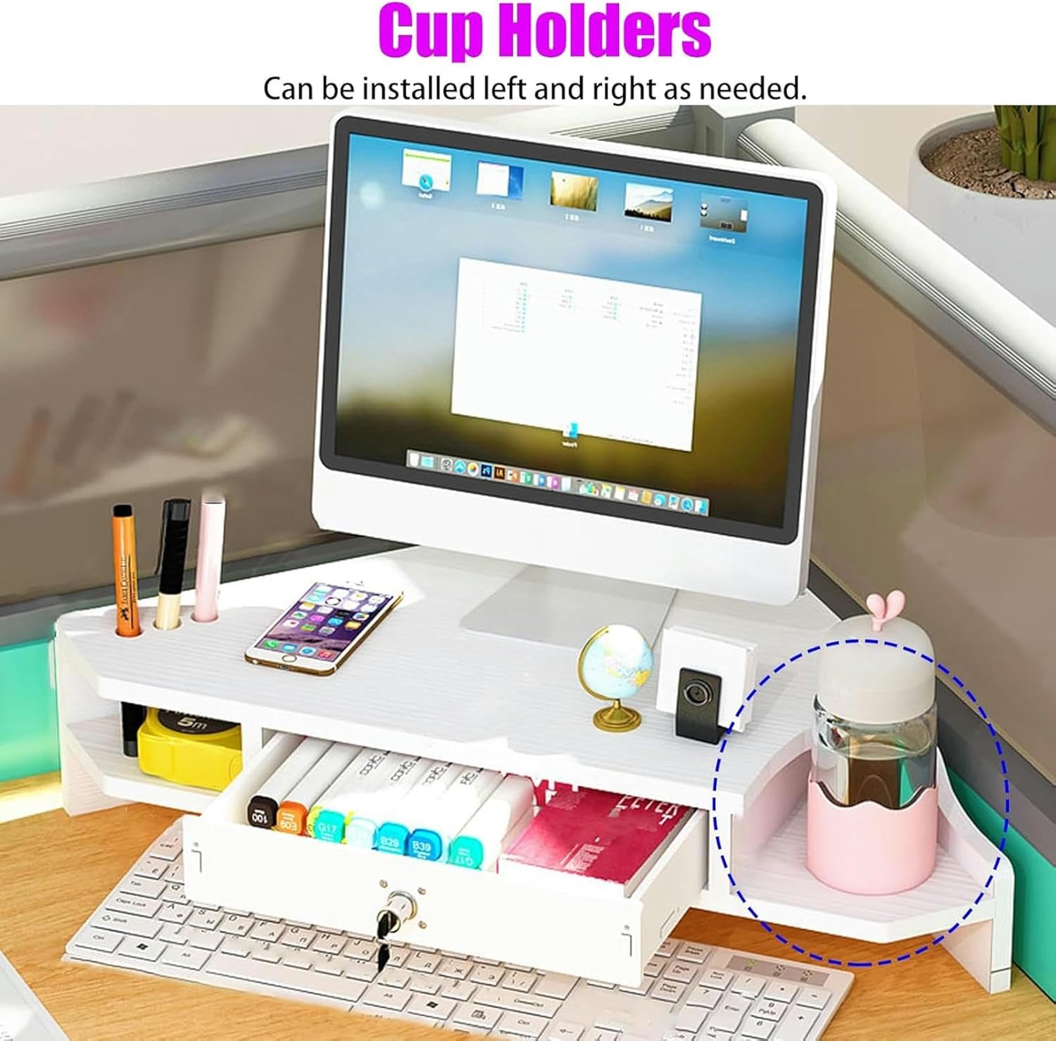 Ergonomic Corner Monitor Stand Riser, Wooden Desktop Corner Shelf with Cup Holders & 2 Tiers Storage, Triangle Screen Riser for Printer Pc
