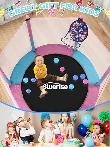 Miniatura 22 de BLUERISE Trampolín infantil de 55 pulgadas y 6 pies para jugar en interiores y exteriores, para niños, trampolín, aro de baloncesto con red de Azul