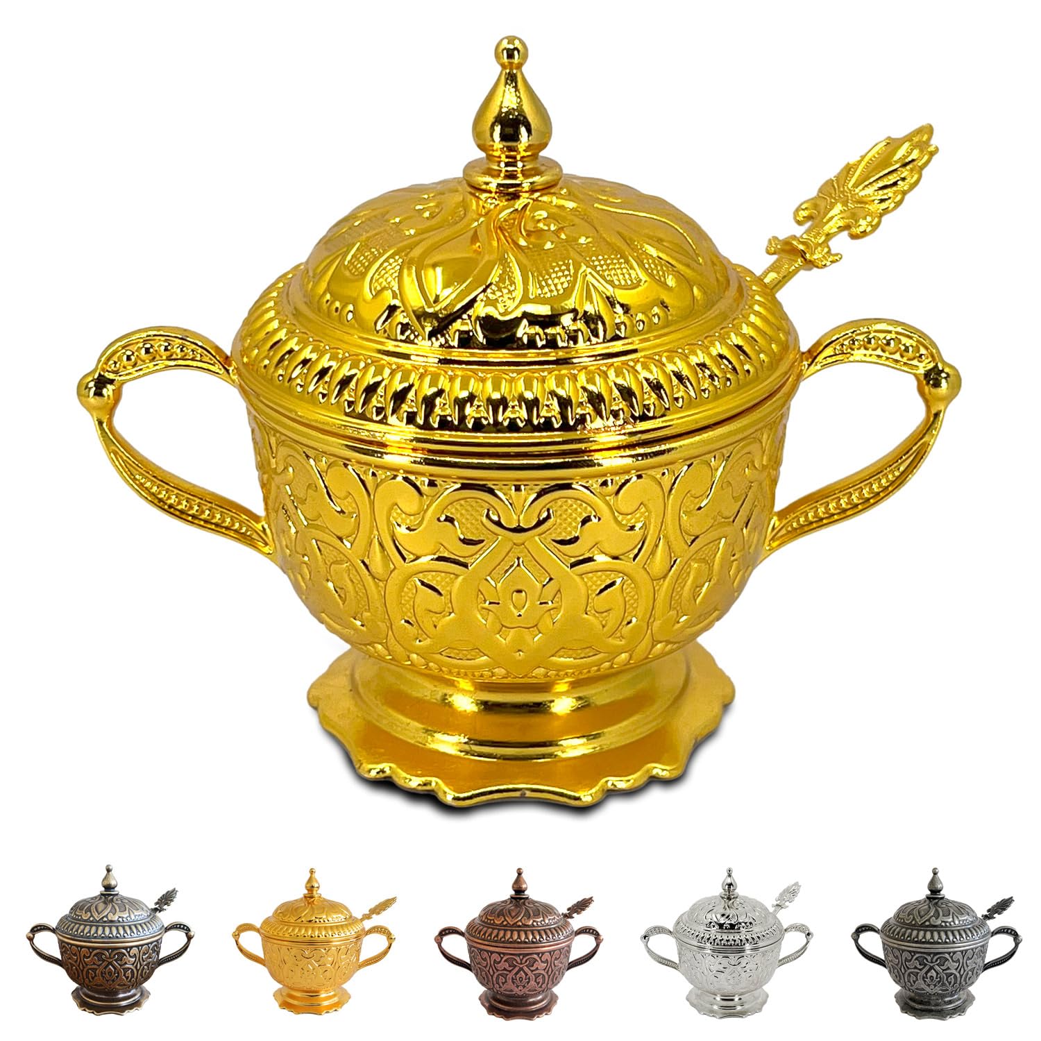 6 oz Embossed Metal Sugar Bowl with Lid and Spoon – Decorative Sugar Bowl with Lid, Cereal Bowl, Spice Jar Canister, and Sugar Jar with Spoon for Coffee Bar (Gold)
