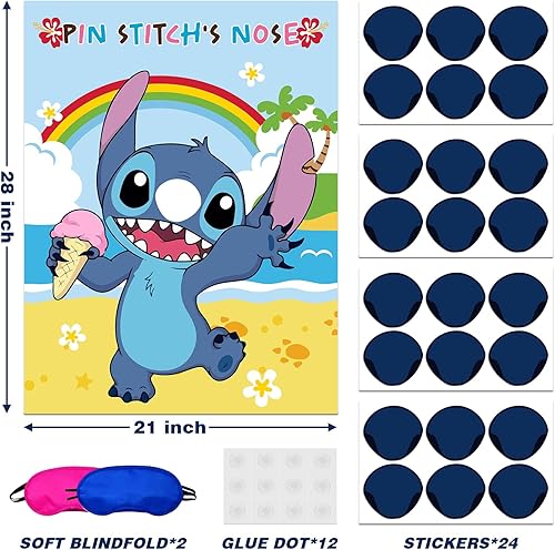 Miniatura 2 de HAILM Pin The Nose on Stich - Divertidos suministros de fiesta de cumpleaños y decoraciones para niños, póster grande impermeable con vendas de