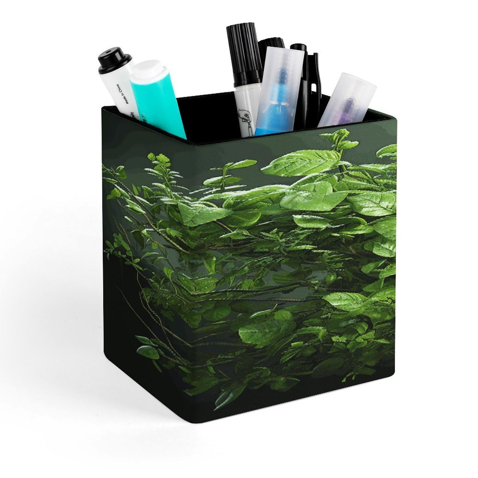 JTREHY Green Leaves Pen Holder Square Pen Pencil Holder Makeup Brush Holders Cup PU Leather Pencil Cups Desktop Caddy Stationery Organizer Case Office Accessories Container Box