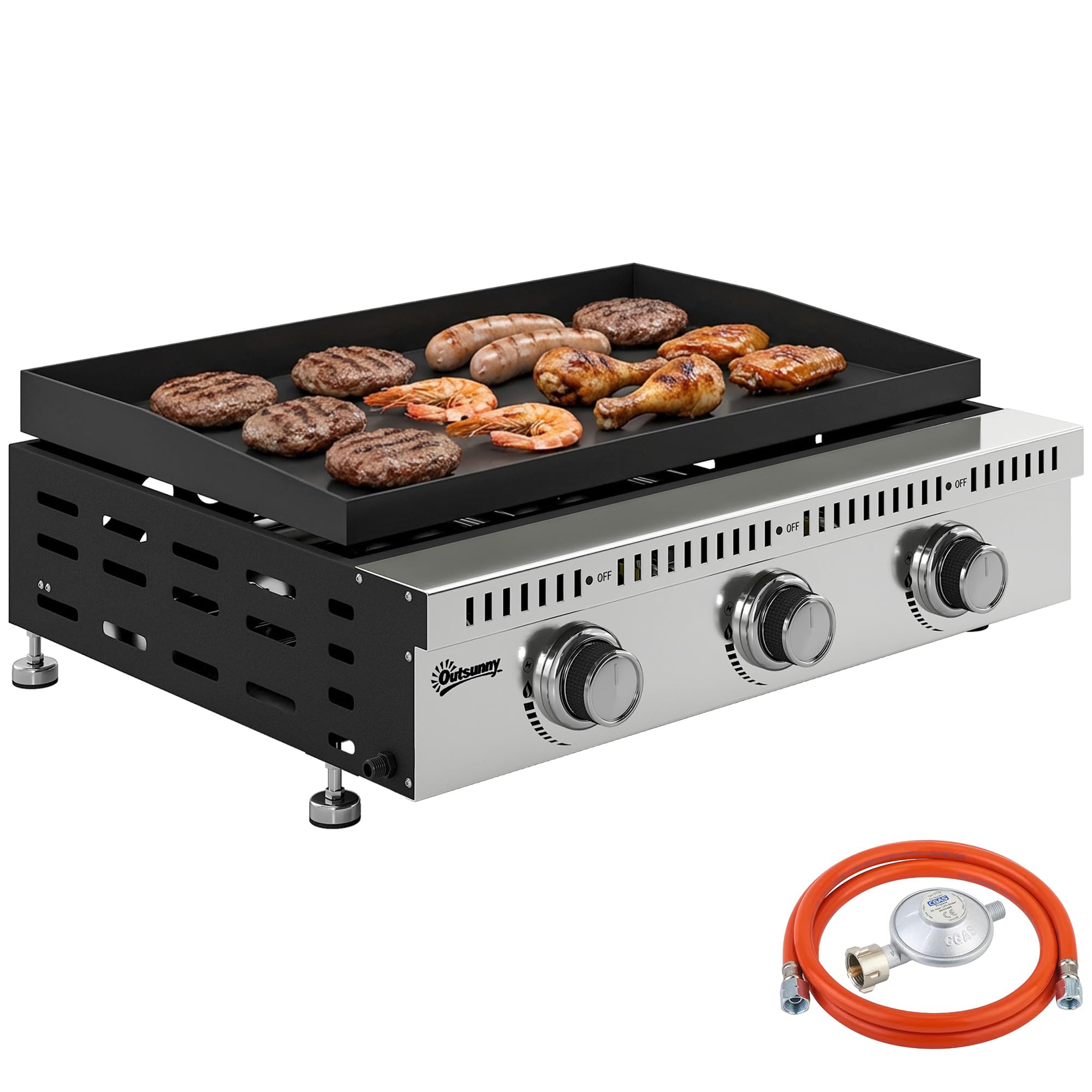Outsunny Barbecue a Gas Portatile 3 Bruciatori 9 KW Acciaio Inox, Griglia BBQ da Tavolo con Vaschetta Raccogli Grasso, Regolatore, Nero