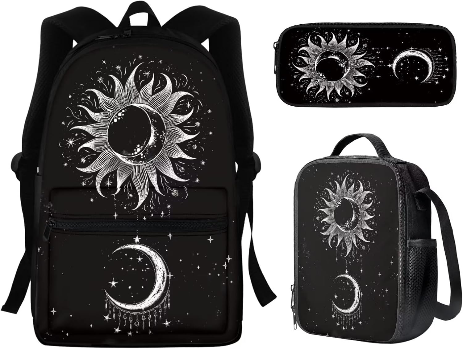 Moon Star and Sun Backpack Purse 3 PCS Middle School Bag with Lunch Box Pencil Case Set Galaxy Space School Bookbag for Elementary/Preschool/Kindergarten Back Packs Satchel Daypack
