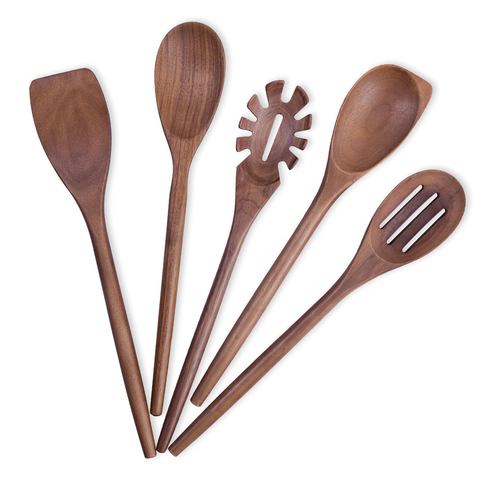 5 Pieces Set Wooden Spoons for Cooking,14 Inch Comfort Grip Wood Spoons,Wooden Kitchen Utensils for Stirring Scraping Flipping and Serving,Non-Stick Cookware Safe(Black Walnut Wood)