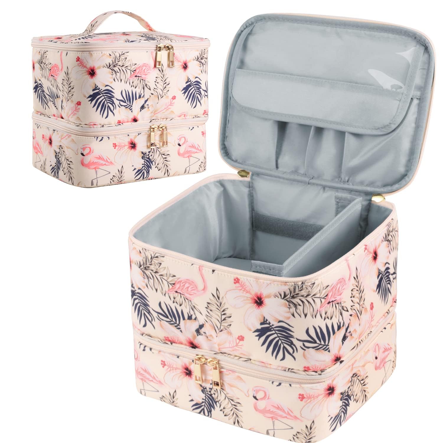 Azonee Nail Polish Organizer, Double-Layer Nail Tools and Nail Dryer Case, Holds 27 Various Size Bottles (15ml - 0.5 fl.oz or Larger), Nail Polish Carrying Case with Adjustable Dividers, Flamingo