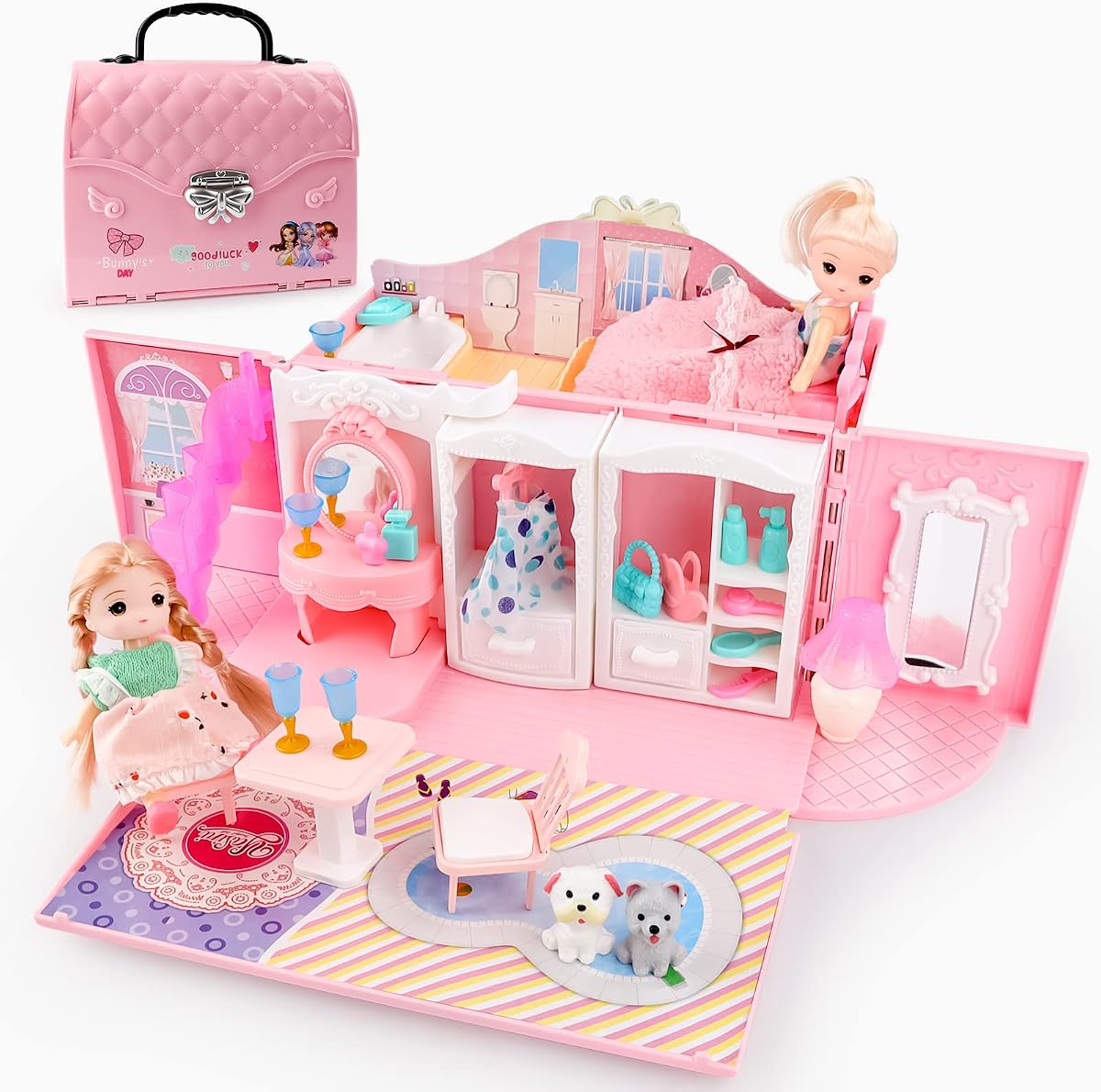deAO Dollhouse Portable Backpack for Girls Pretend Playhouse with Furniture & Figures 2 in 1 Playhouse Set Birthday Toys for Age 3-6 Year Old Kindergarten Toddlers Preschoolers | Pretend Playhouse with Furniture 2 in 1 Playhouse Set Birthday Toys for Age 3-6 Year Old Kindergarten Toddlers Preschoolers