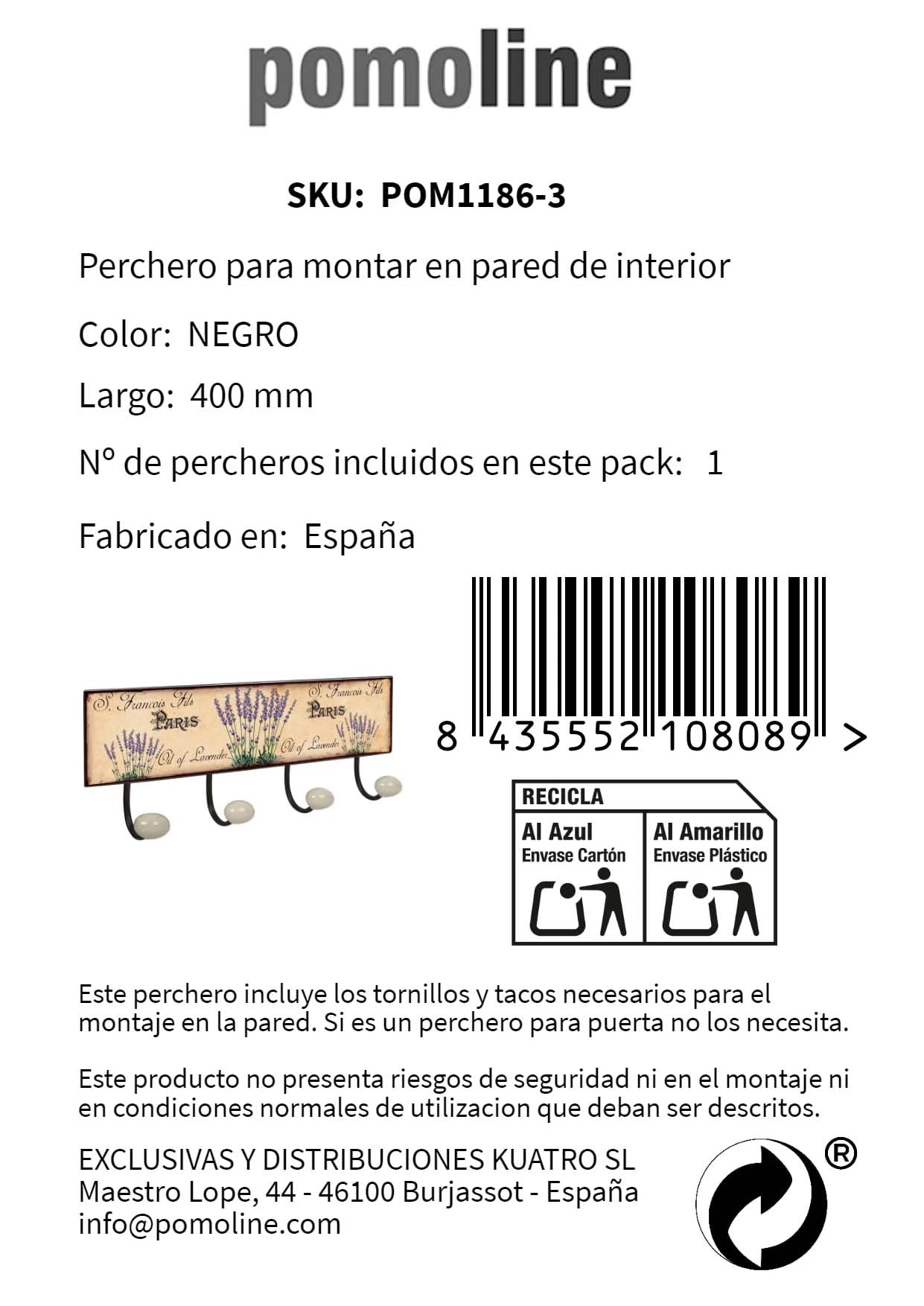 PERCHA Pared Vintage 4 Ganchos Porcelana LAVANDA Provenza Retro 400x155MM