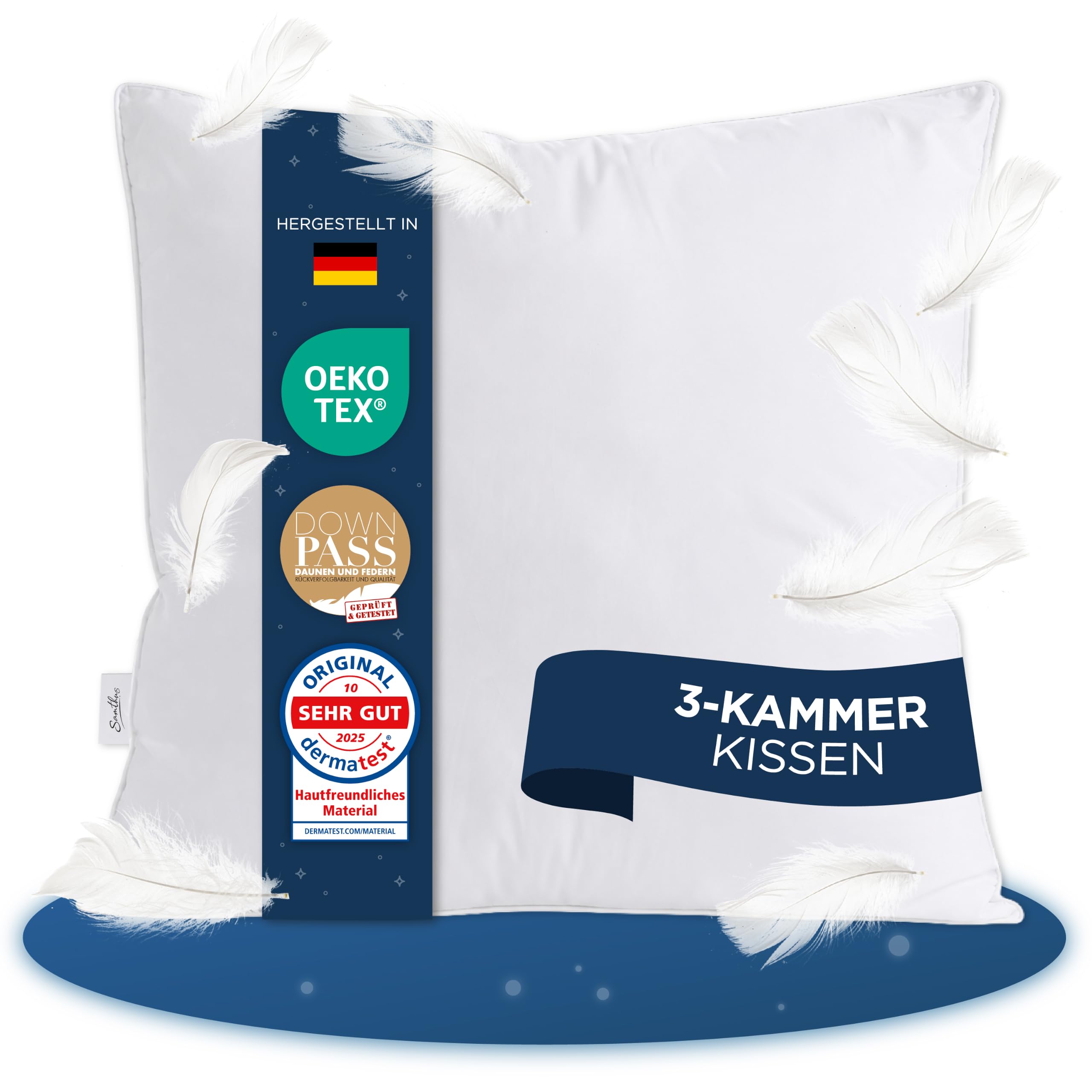 Samthus Oreiller en duvet de qualité supérieure à 3 chambres - 80 x 80 cm - Oreiller ergonomique optimisé en duvet et plumes avec housse extérieure 100 % coton - Qualité hôtelière - Certifié Oeko-Tex