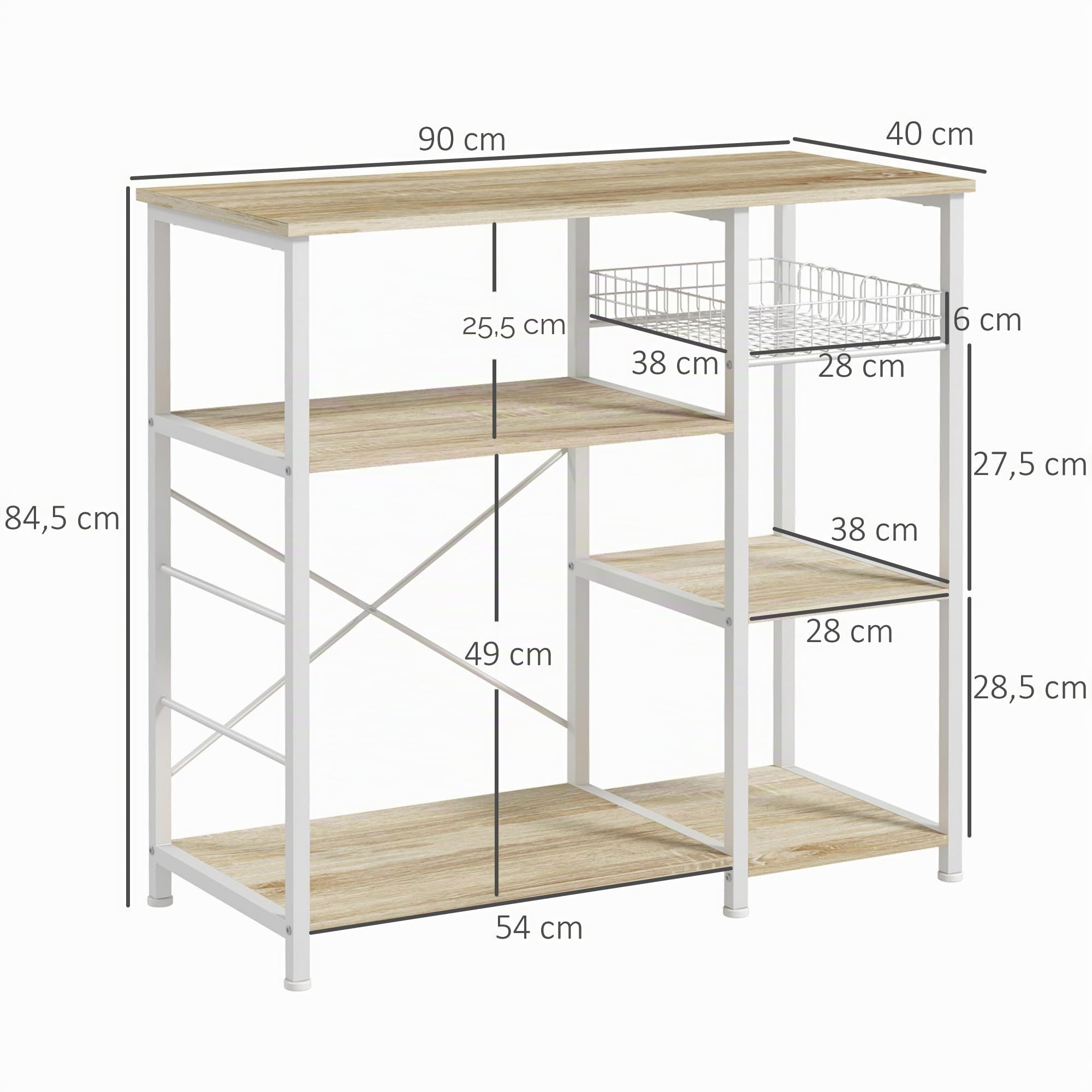 HOMCOM Étagère Meuble de Rangement Cuisine îlot Cadre en Acier Style Moderne avec 4 Crochets 4 étagères 90 x 40 x 84,5 cm Naturel Blanc