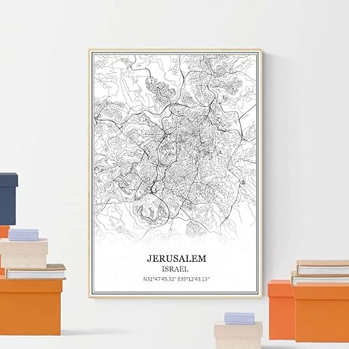 Miniatura 4 de Arte de la pared del mapa de Jerusalén Israel Impresión en lienzo Póster de arte sin marco moderno blanco y negro mapa recuerdo regalo decoración