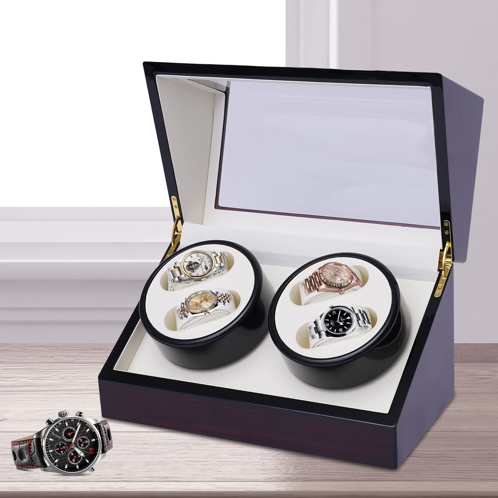 OUKANING Automatische Uhrenbeweger Box Für 4+0/4+6 Uhren, Lackbackverfahren, Automatik Uhrenbox Aus Samtstoff+Mittelfaserplatte, Mit Leisem Motor, Display Box Geschenk