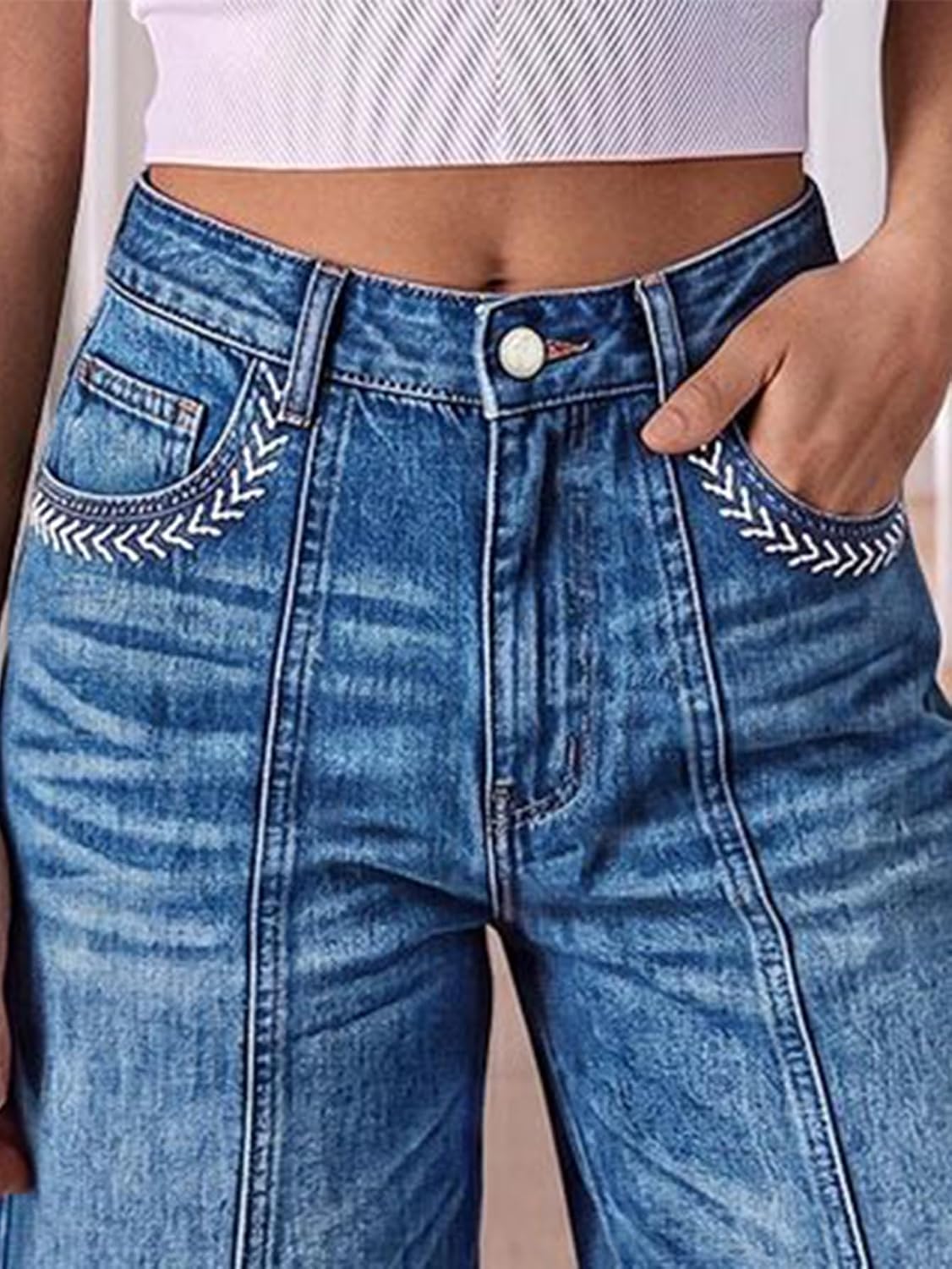 Flamingals Mid Rise Denim Bermuda Straight Leg Shorts for Women Arrow Stitch Casual Jean Shorts