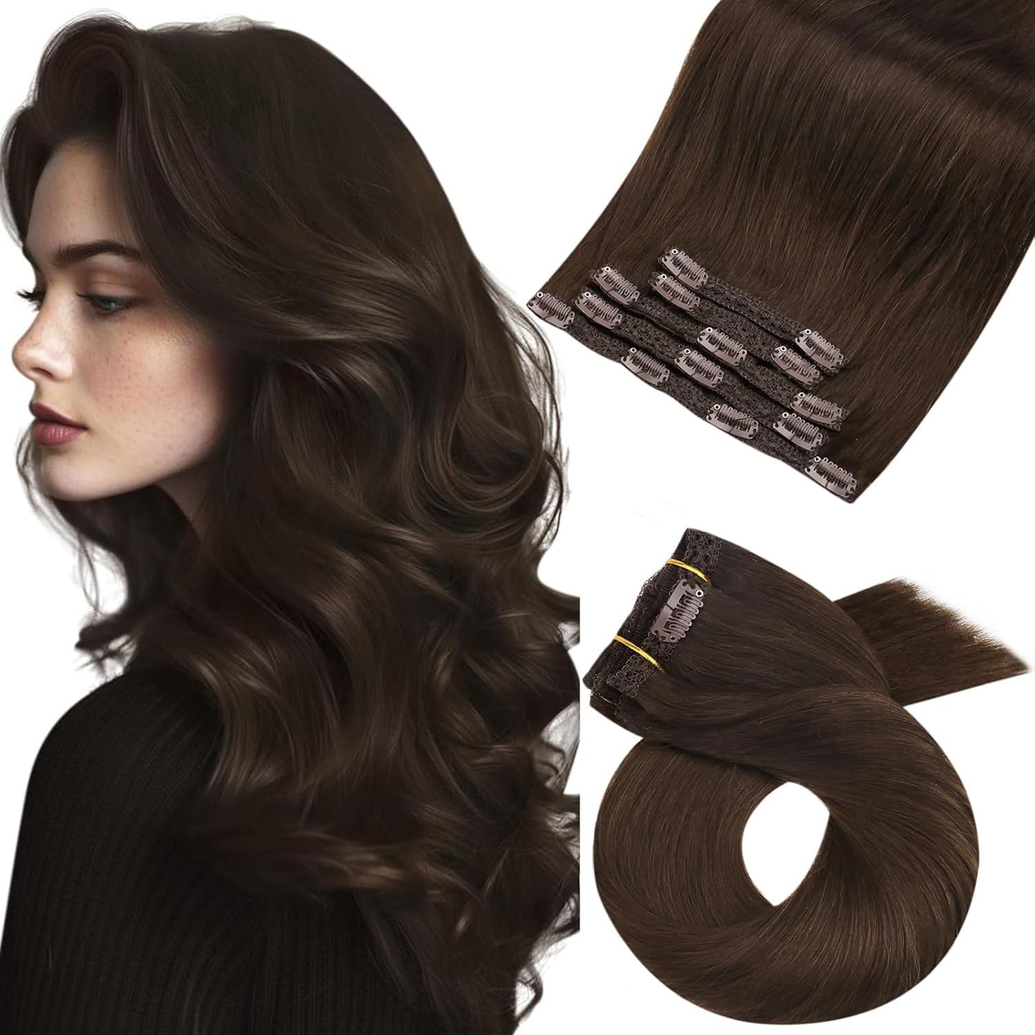 Moresoo Clip in Hair Extensions Real Human Hair 20 Inch Dark Brown Clip in Human Hair Extensions Brown Straight Human Hair for Women Adding Volume Natural Looking 5pcs/80G #4