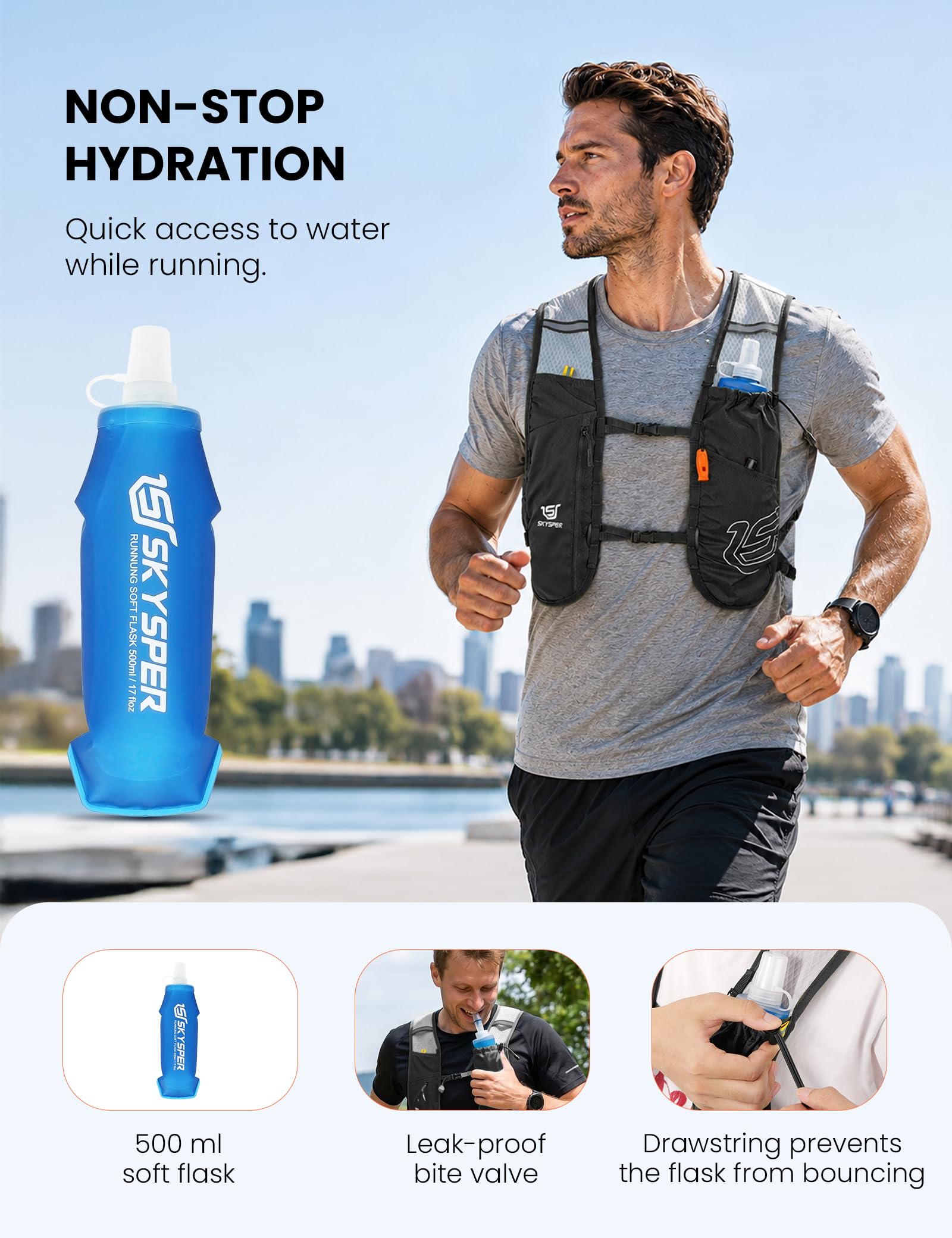 SKYSPER Chaleco de Hidratación Running 5L | Chaleco Ligero con Botella 500ML y Diseño Reflectante para Trail Maratón y Senderismo