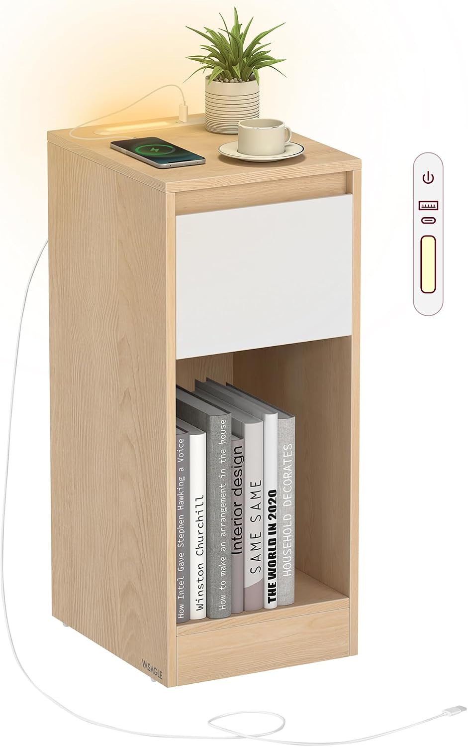 VASAGLE KAILYN LET610Y01 Slim Bedside Table in Oak Beige and Cloud White with LED light and charging station.
